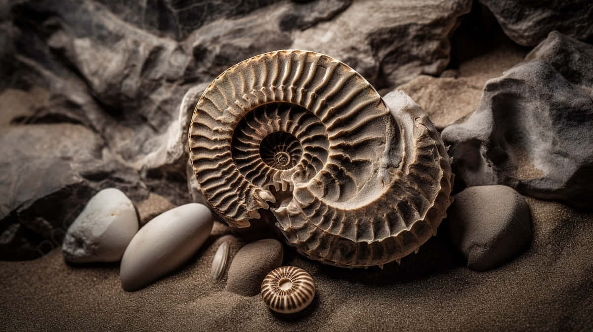 ammonite fossil, sandy ground, smooth stones, SD Desktop Wallpaper