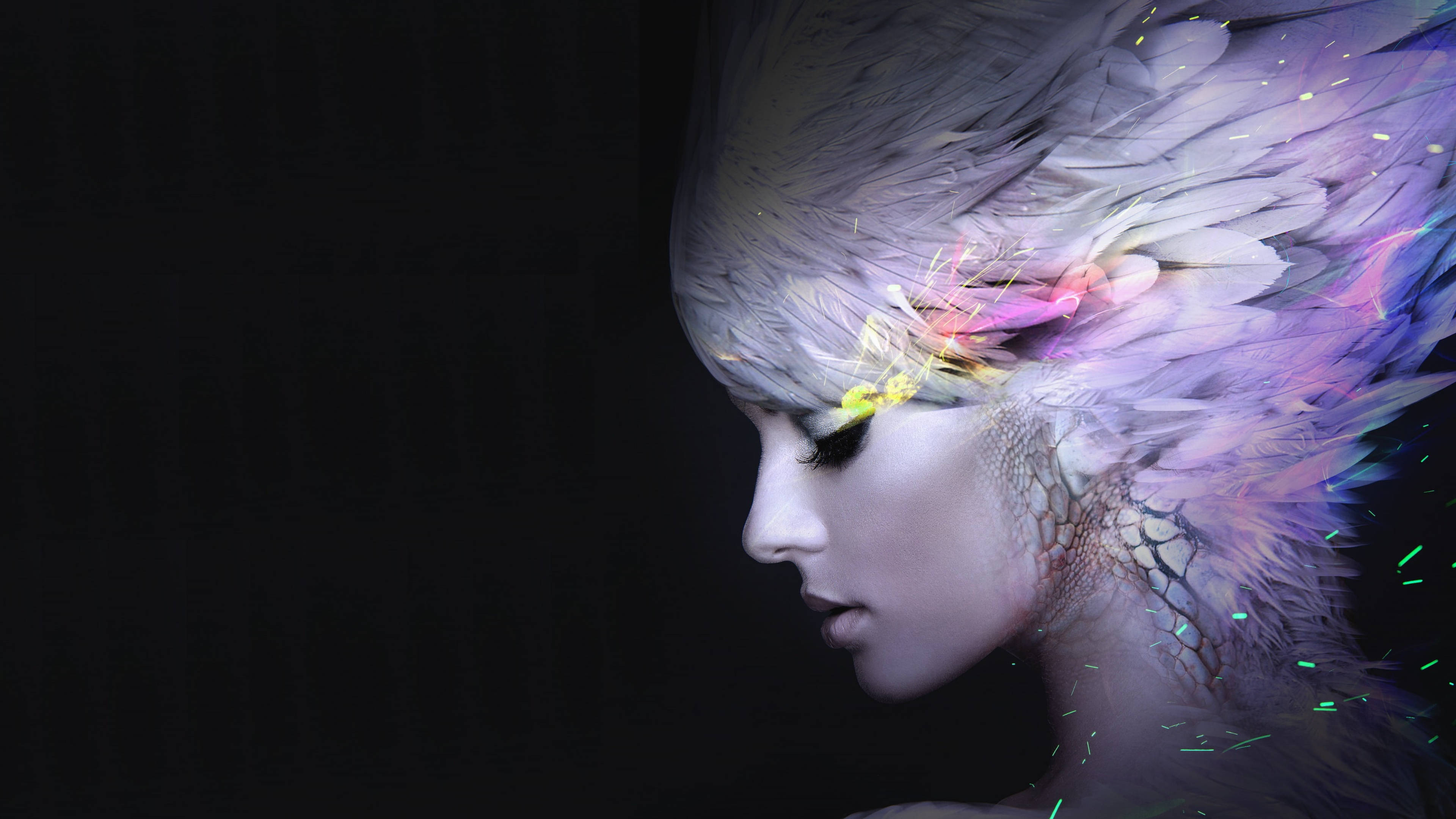 Amoled girl with feathered hair 4k, glowing feathers, sparks, 4K Desktop Wallpaper