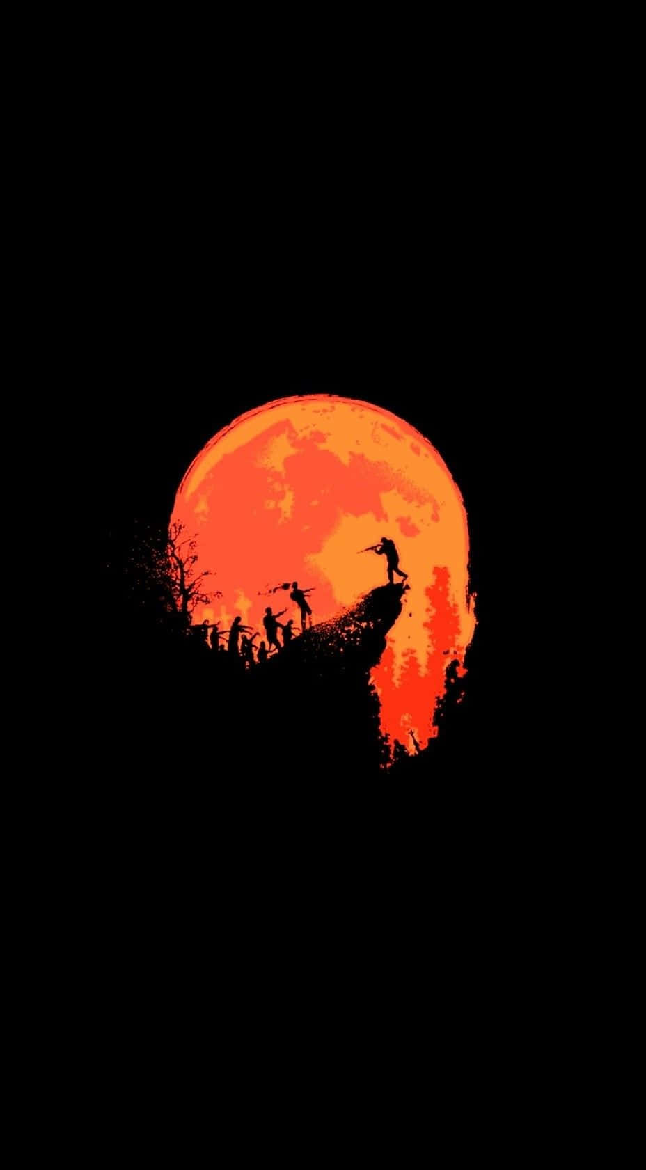 Amoled, glowing orange moon, silhouetted figures, HD Phone Wallpaper