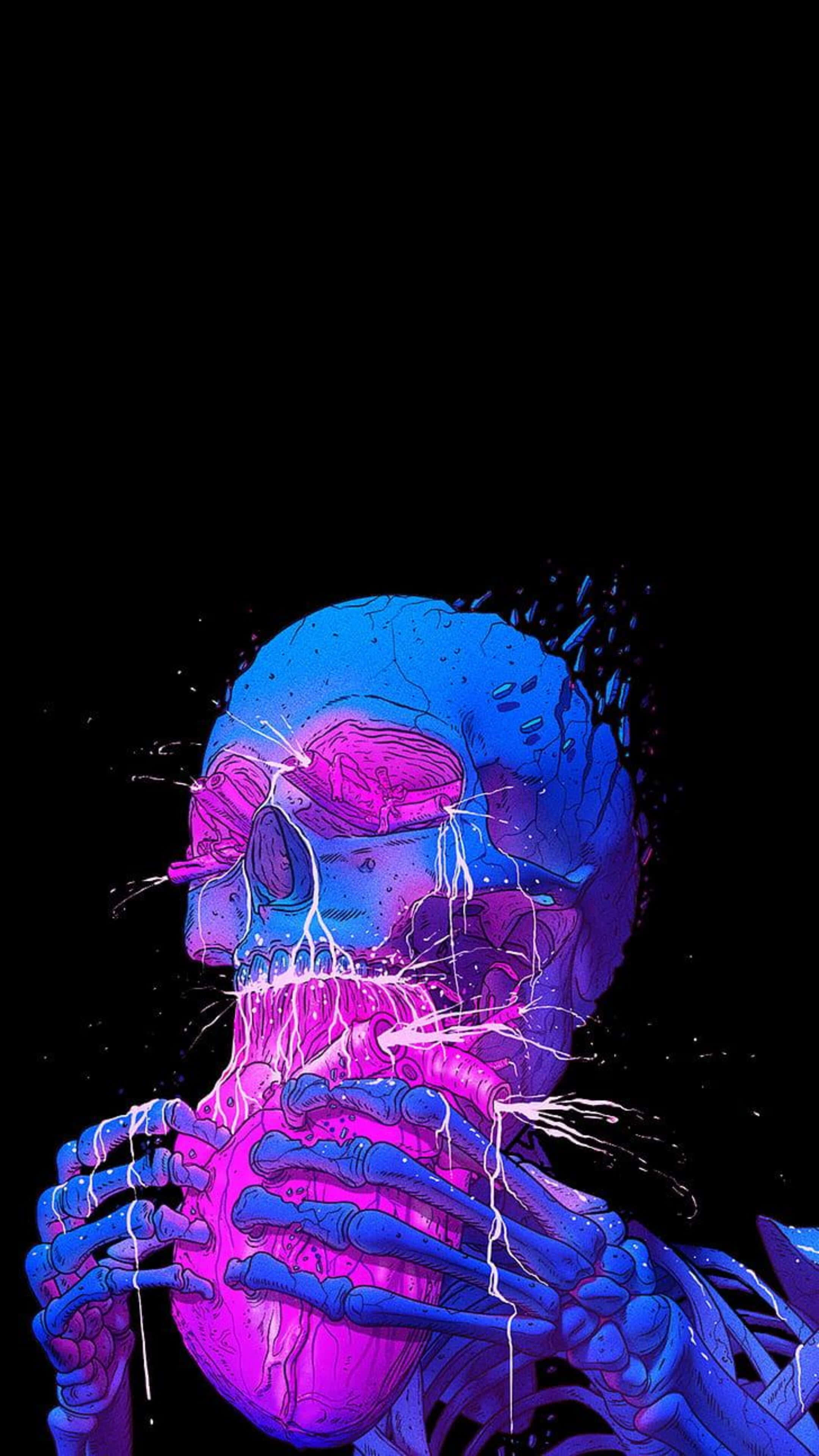 4K Amoled Phone, glowing blue, pink neon skeleton, 4K Phone Wallpaper