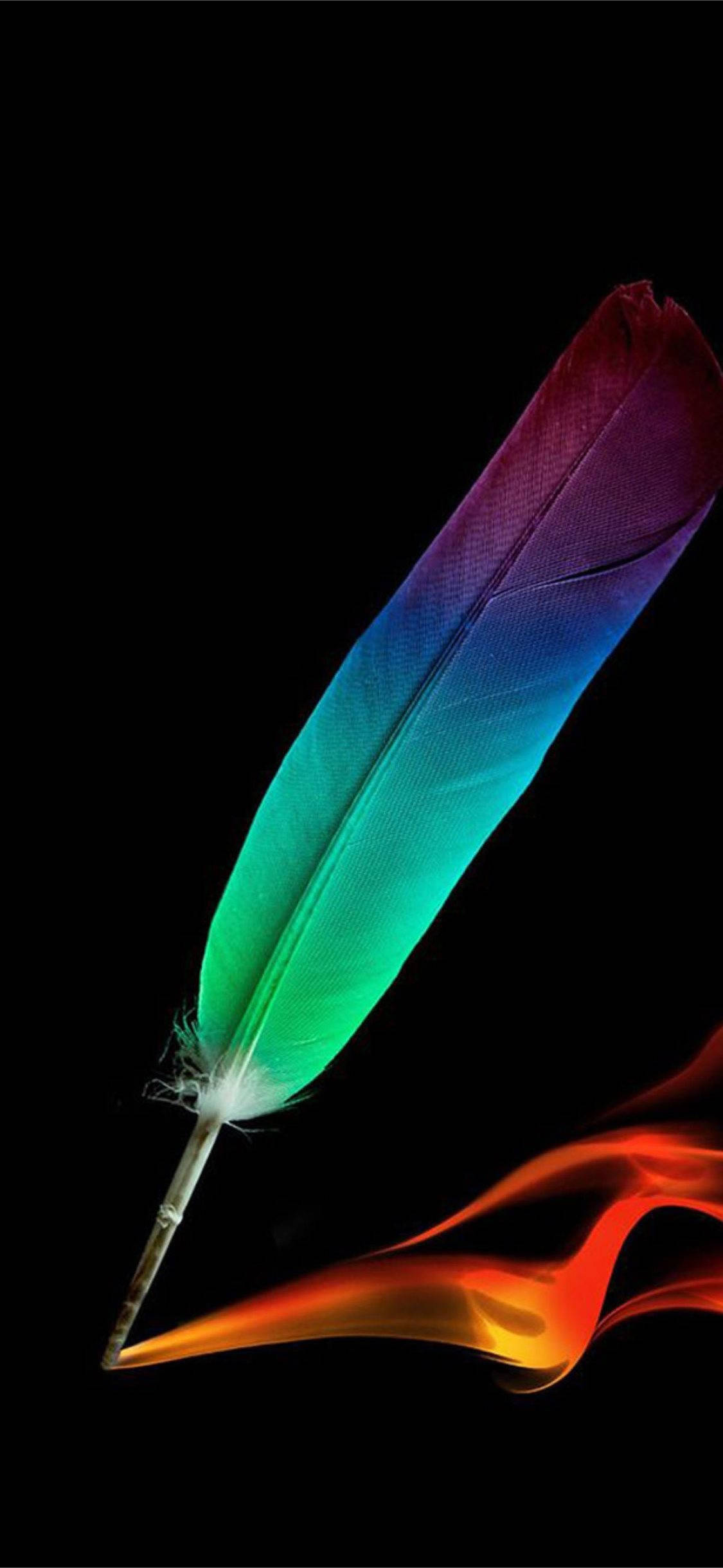 Amoled Android, rainbow feather, black, Full HD Phone Wallpaper