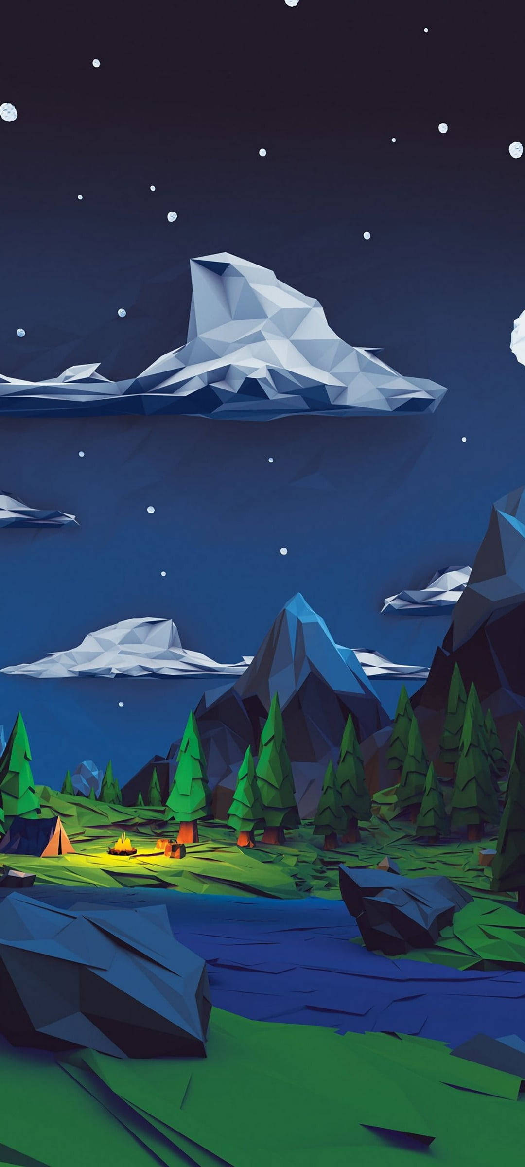 Amoled Android, low poly, campfire, Full HD Phone Wallpaper