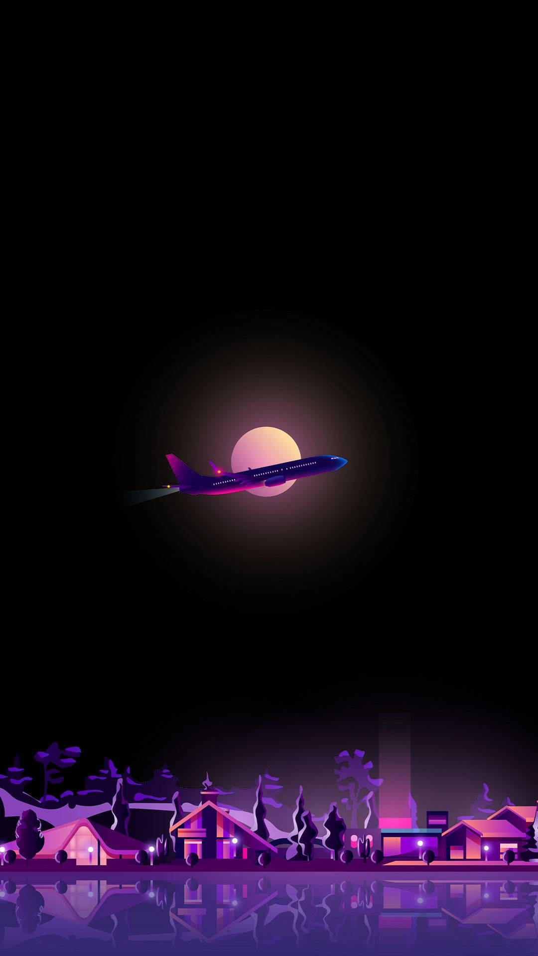 Amoled Android, purple airplane, glowing moon, Full HD Phone Wallpaper