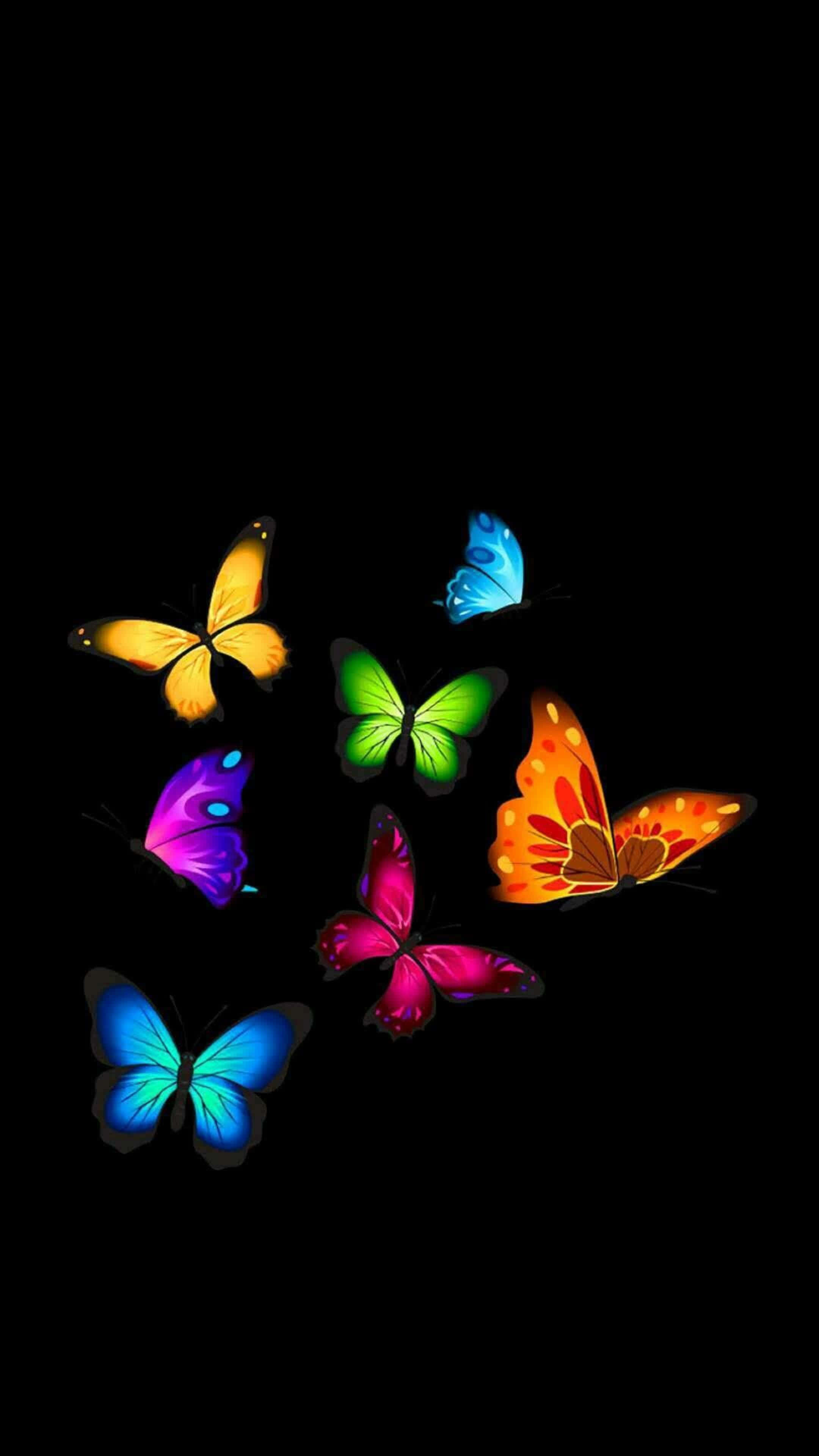 4K Amoled, neon butterflies, pure black background, 4K Phone Wallpaper