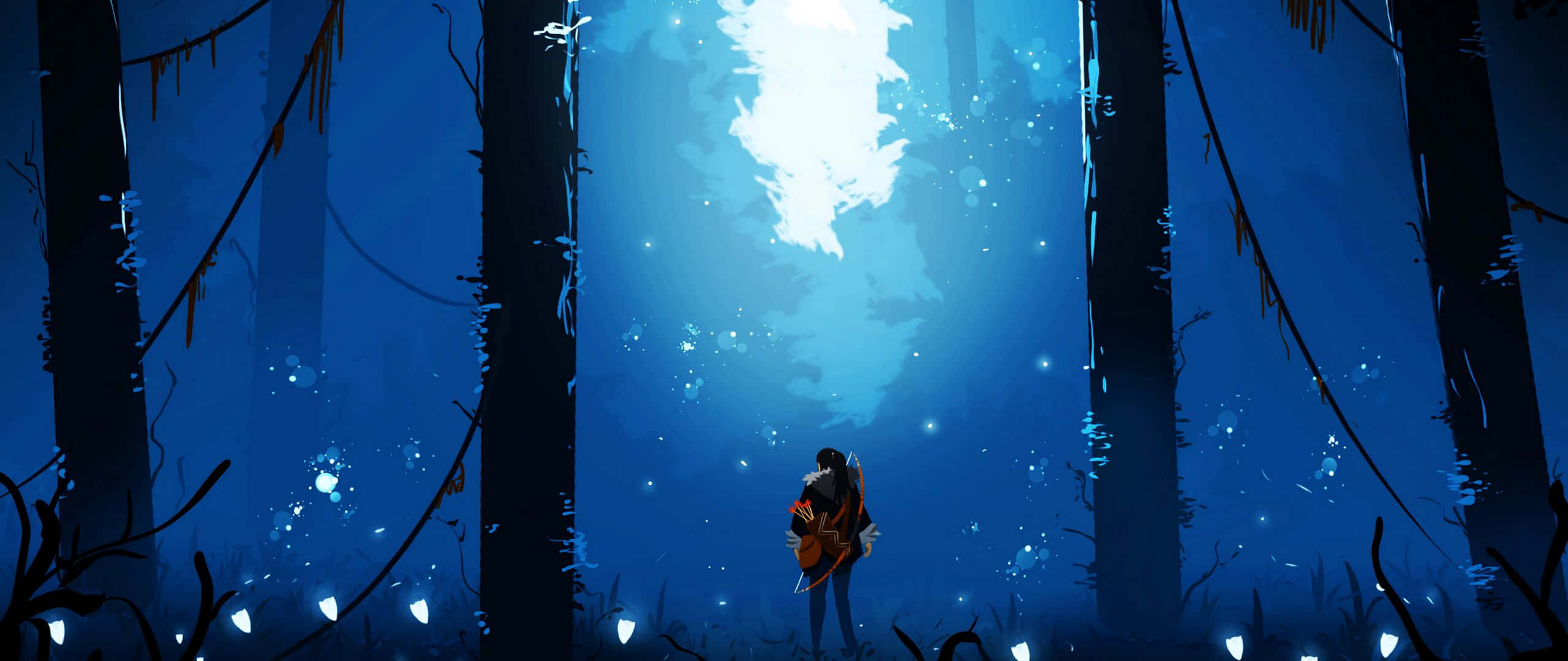 Among Trees, mystical blue forest, towering trees, 2K Desktop Wallpaper
