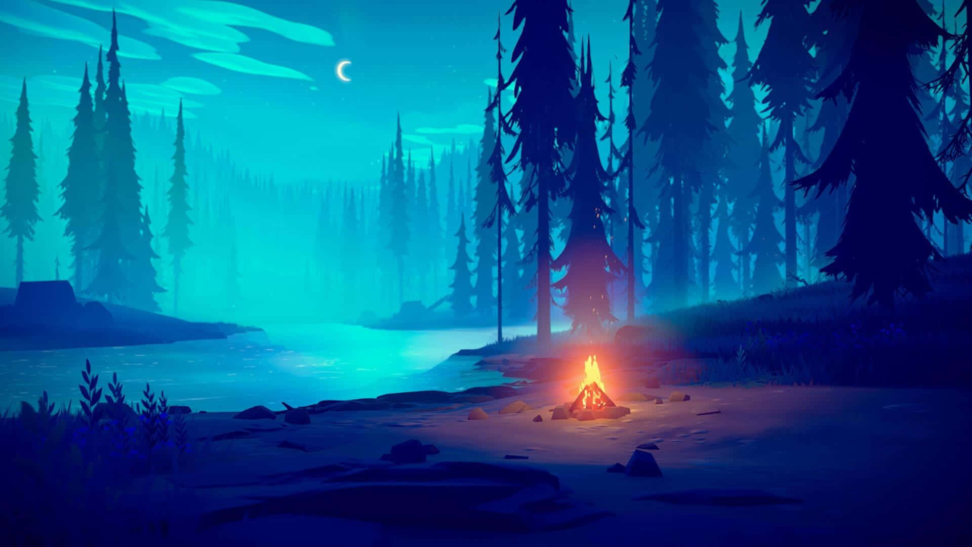 Among Trees, crescent moon, pine trees, Full HD Desktop Wallpaper