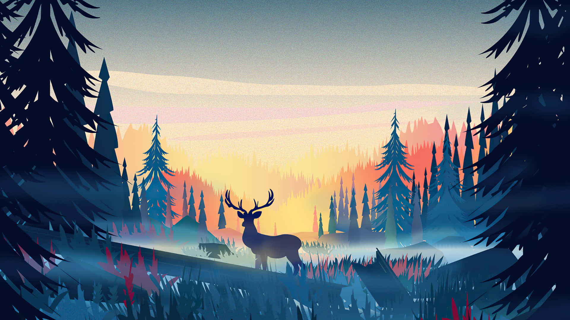 Among Trees, deer, misty forest, Full HD Desktop Wallpaper