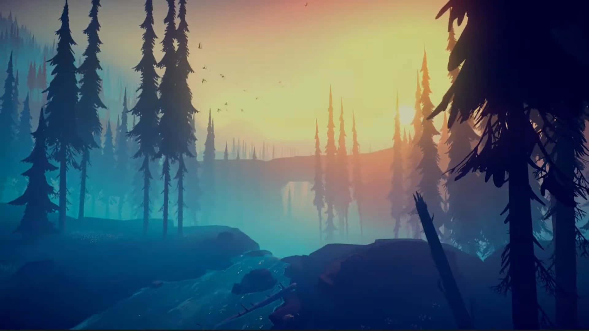 Among Trees, Sunset, misty forest, Full HD Desktop Wallpaper