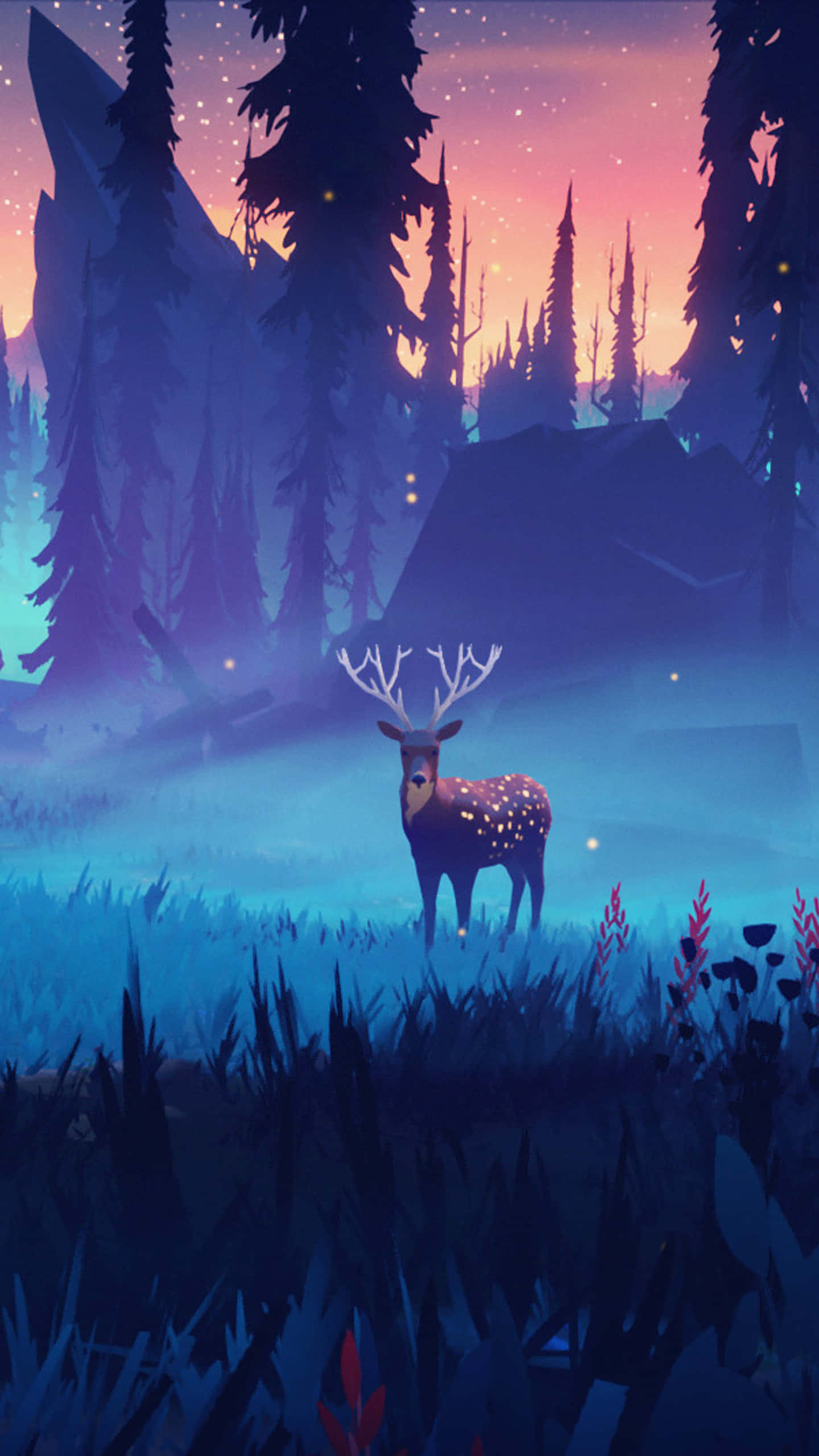 glowing deer, star-like spots, misty forest, 2K Phone Wallpaper