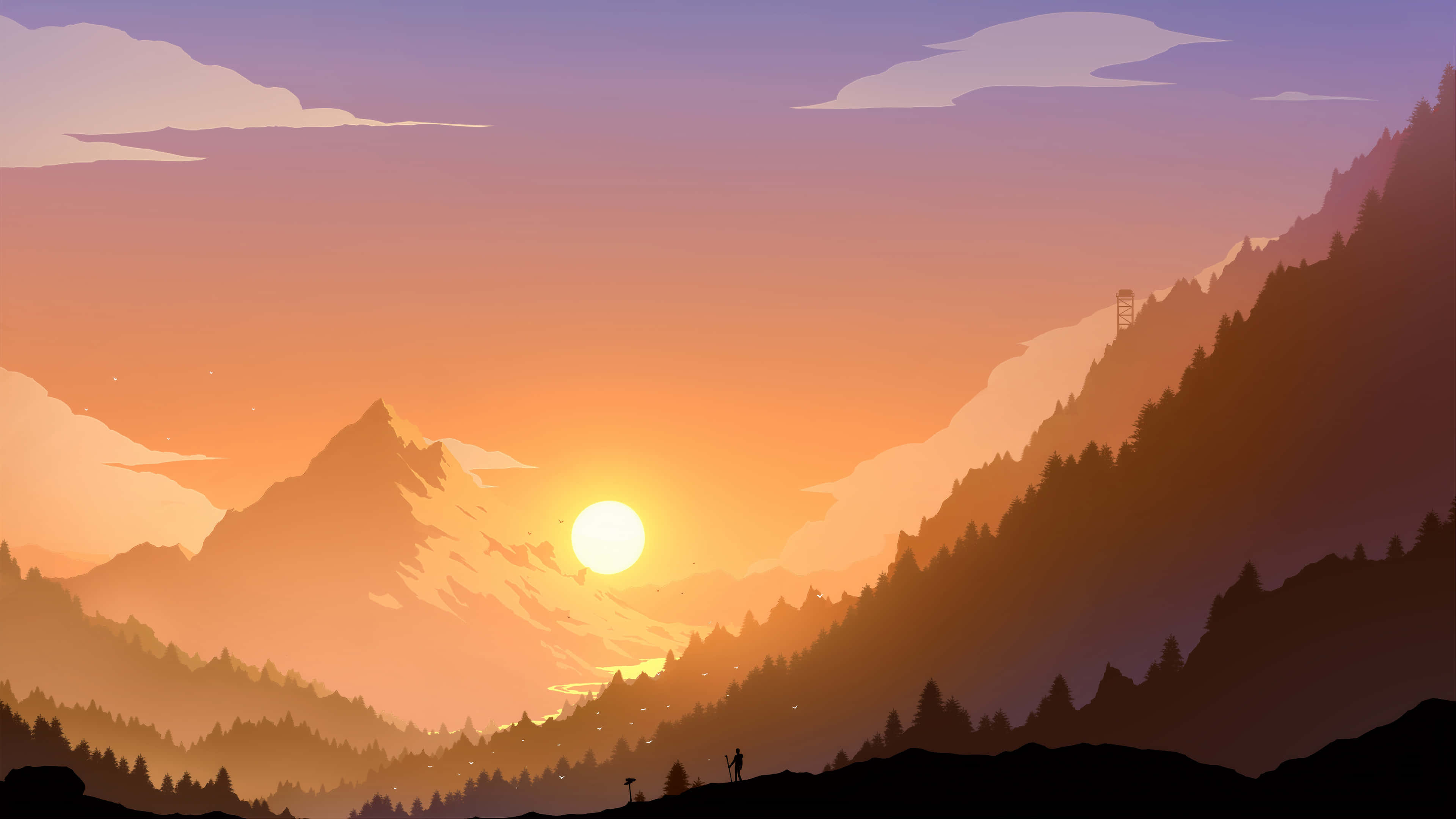Among Trees, mountain range, sunet, 4K Desktop Wallpaper