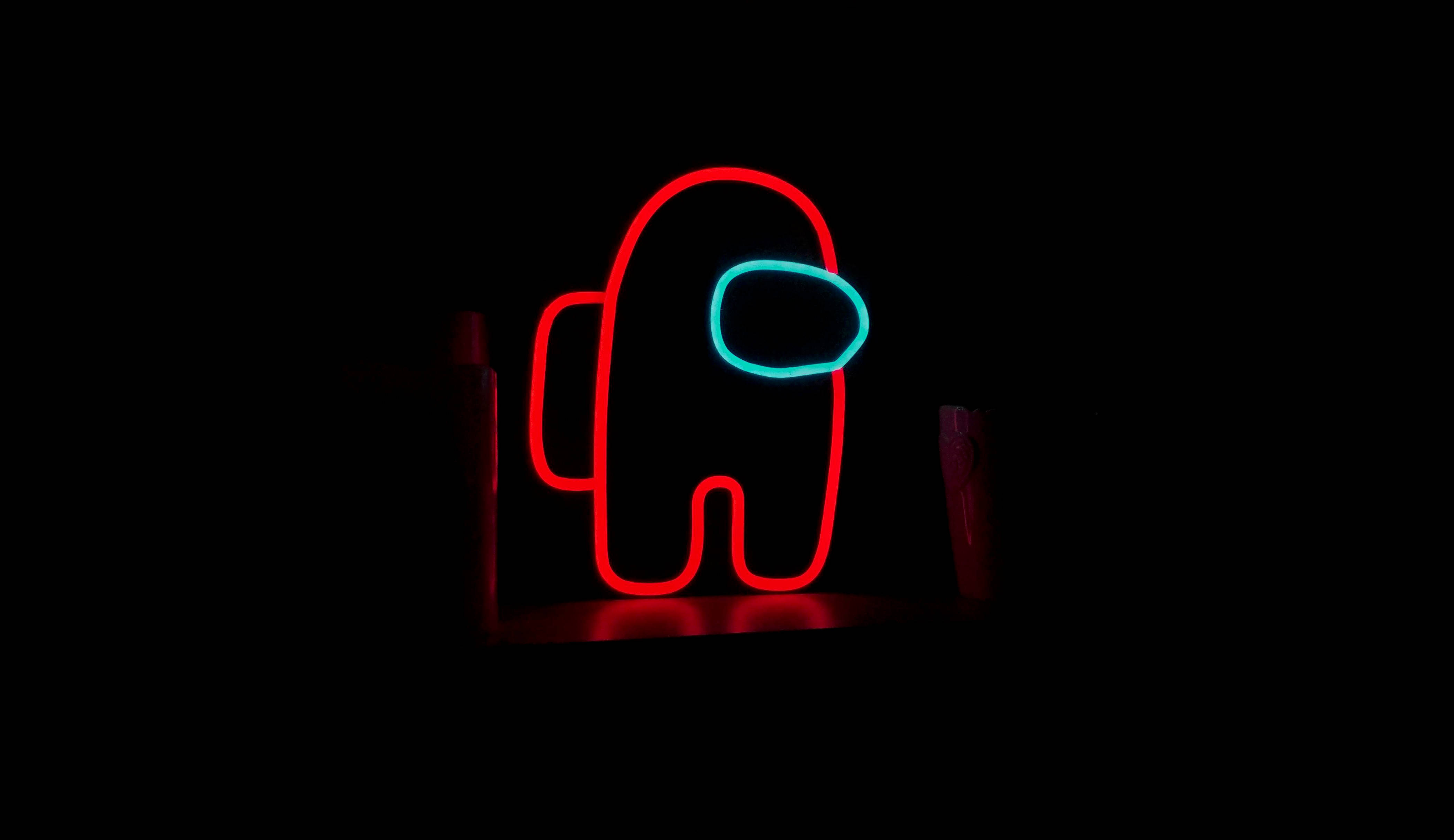 Among Us, neon red, cyan neon sign, 4K Desktop Wallpaper