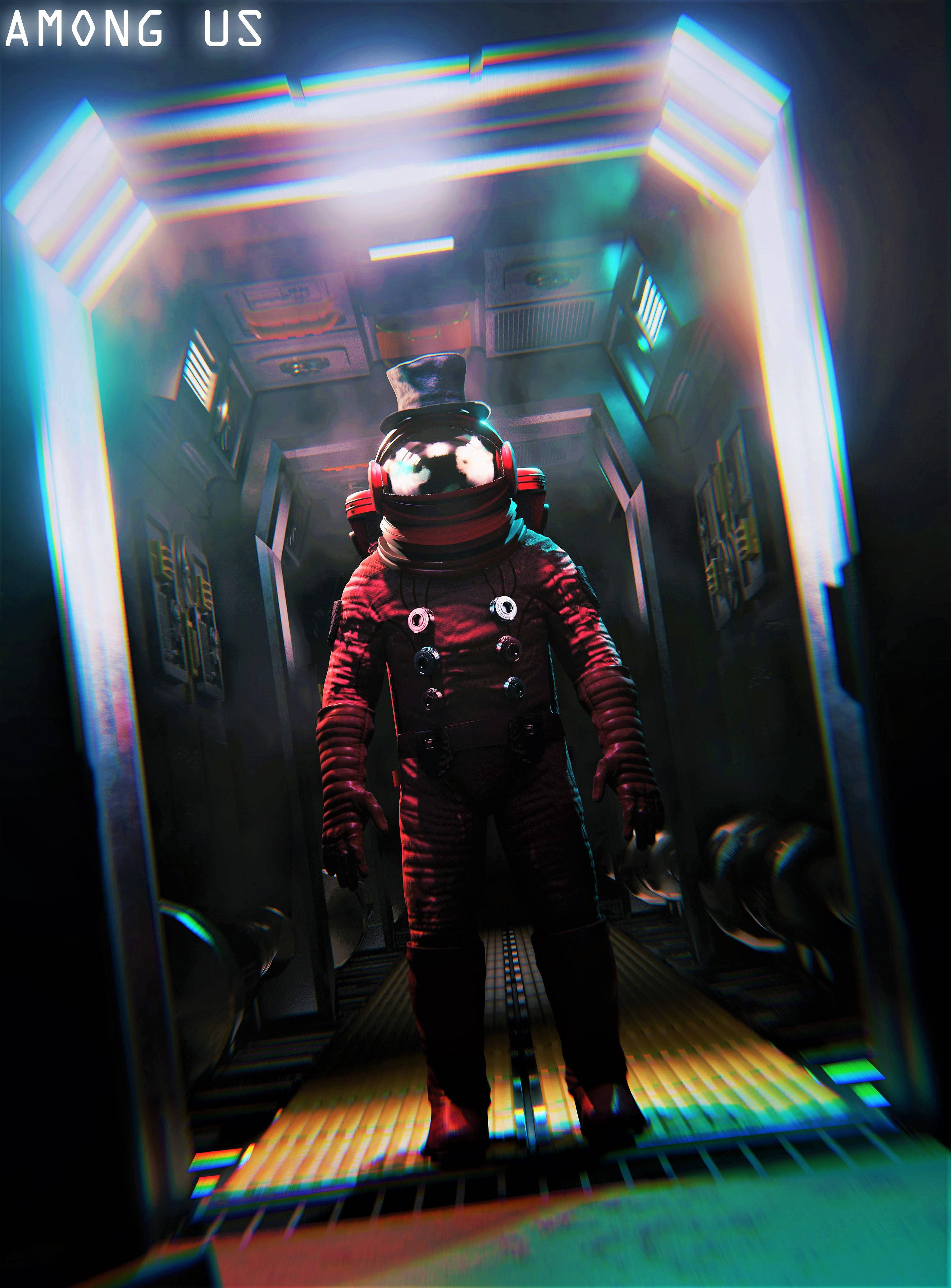 red spacesuit, top hat, futuristic spaceship corridor, 4K Phone Wallpaper