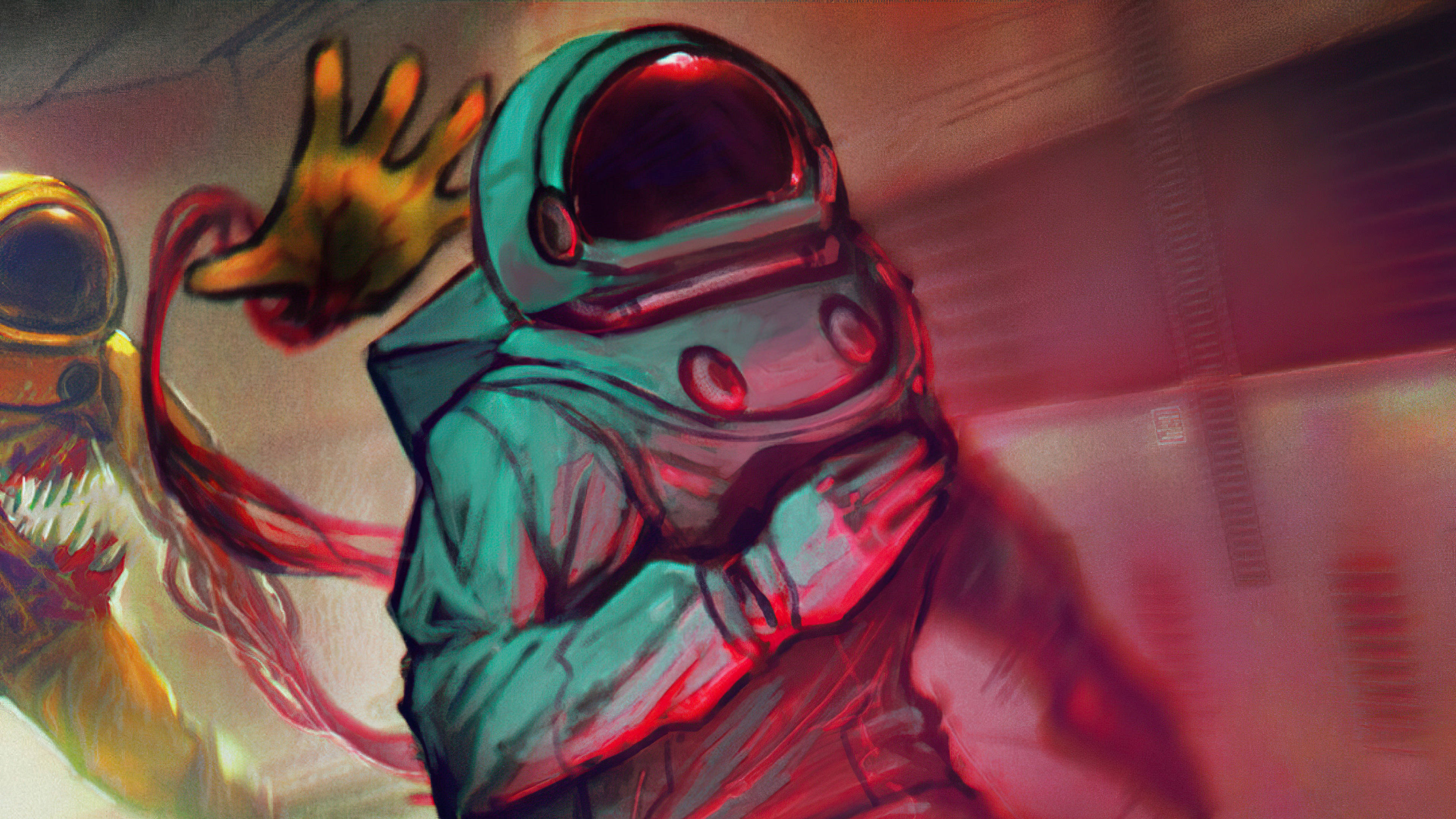 teal-suited astronaut, monstrous yellow alien, sharp teeth, 4K Desktop Wallpaper
