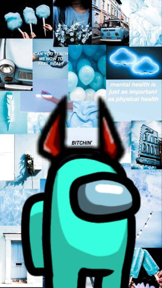 Among Us, teal Among Us character, red ears, SD Phone Wallpaper