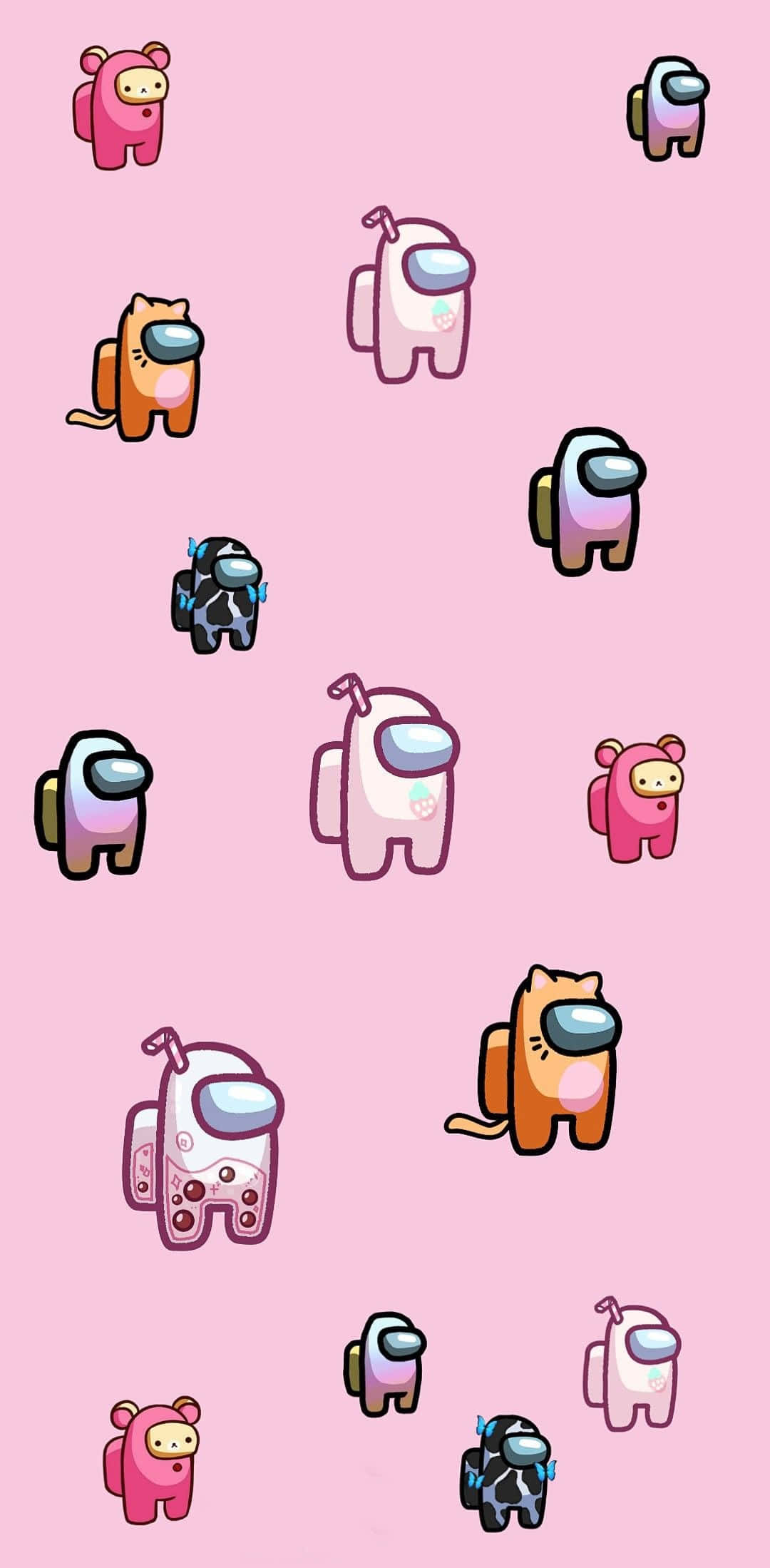 Among Us, pink background, scattered Among Us characters, Full HD Phone Wallpaper