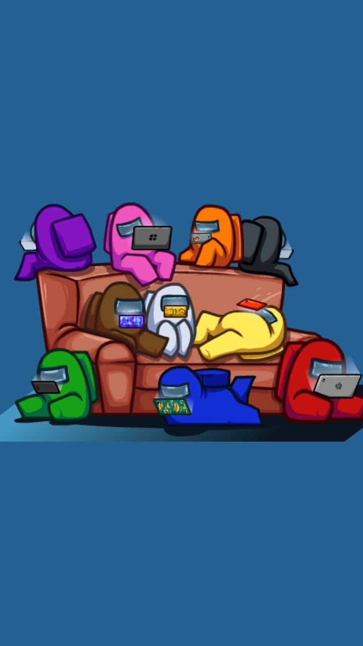 Among Us, colorful Among Us characters, brown couch, HD Phone Wallpaper