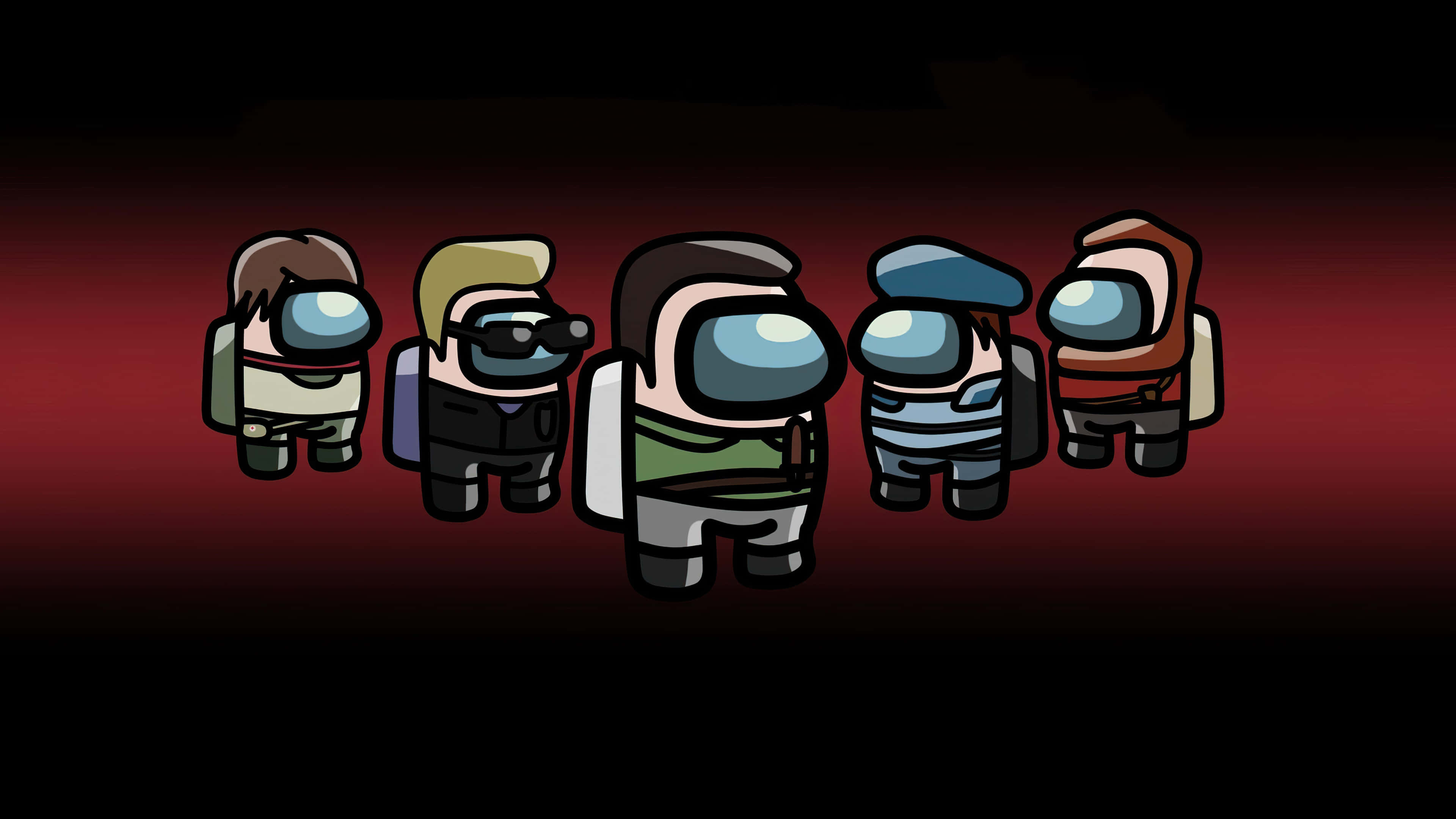Among Us character, space suits, dark red gradient background, 4K Desktop Wallpaper
