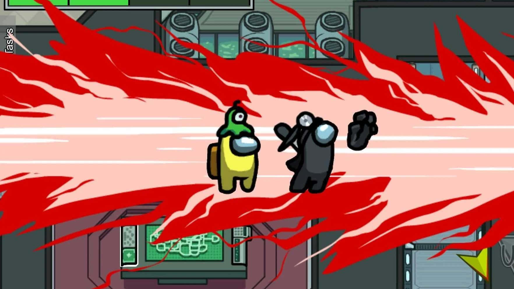 Among Us Character, explosive red energy, spaceship corridor, HD Desktop Wallpaper