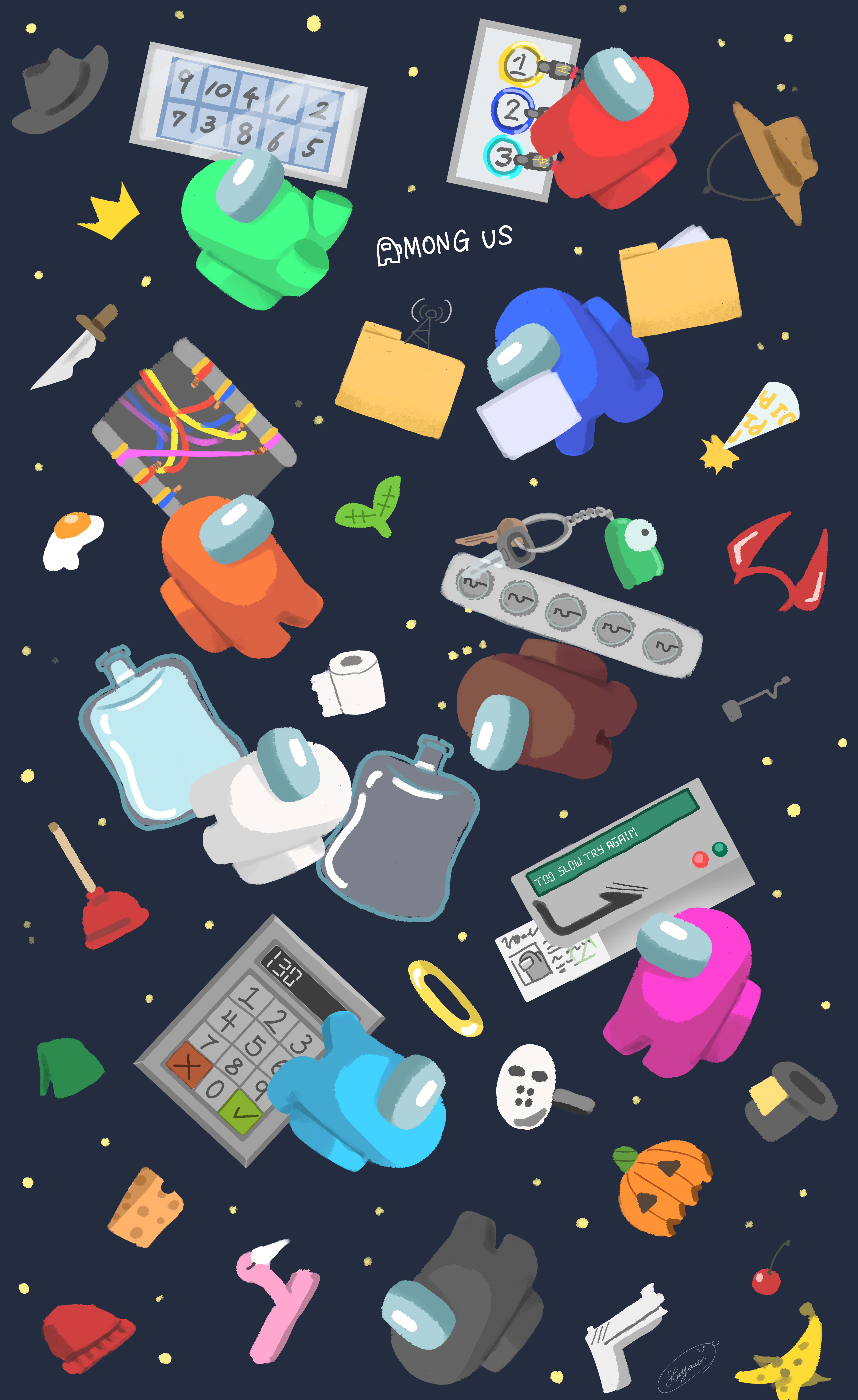 Among Us, Among Us characters, game items, 8K Phone Wallpaper