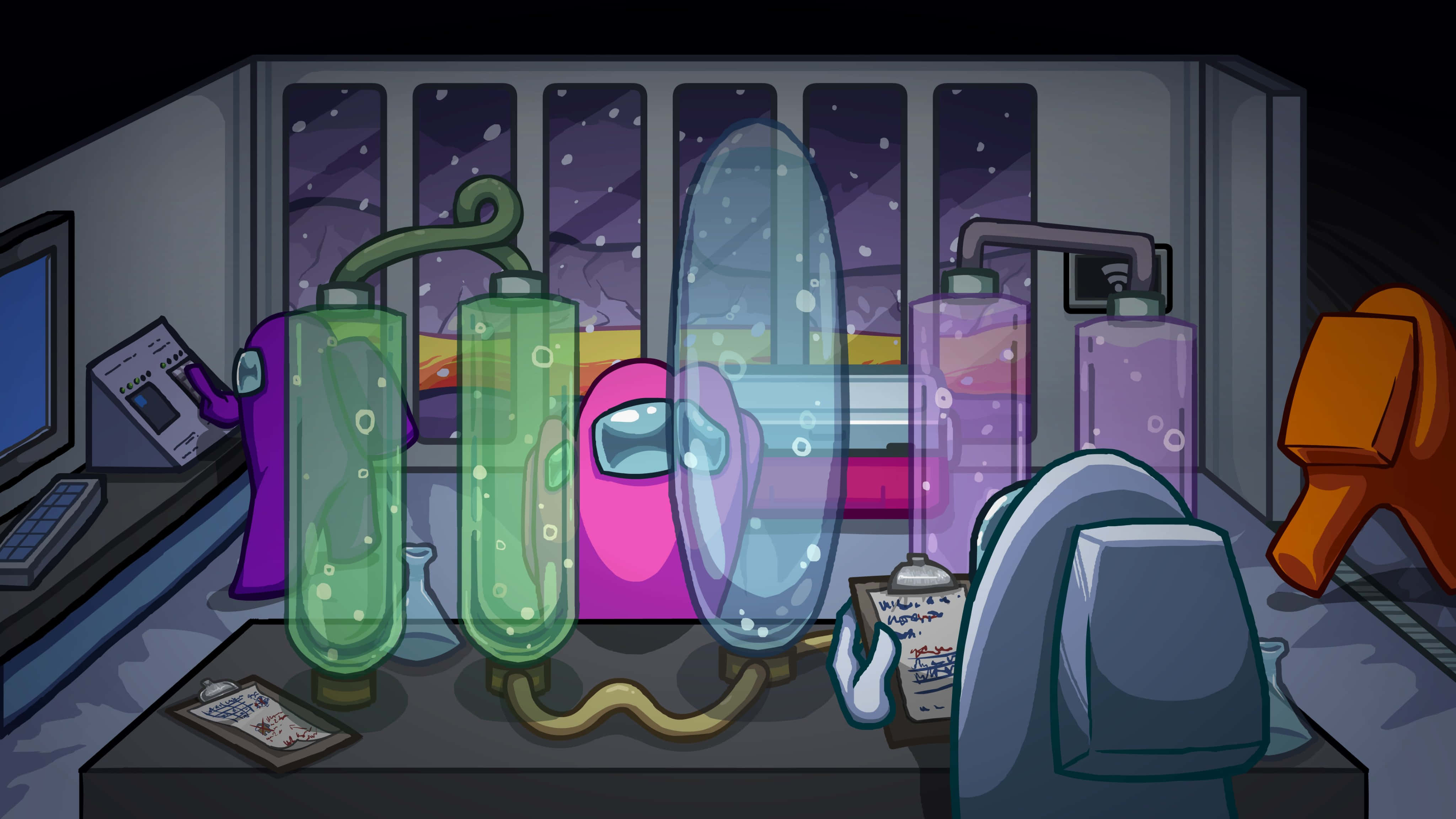 Cute Among US, cartoon spaceship lab, colorful crewmates, 4K Desktop Wallpaper