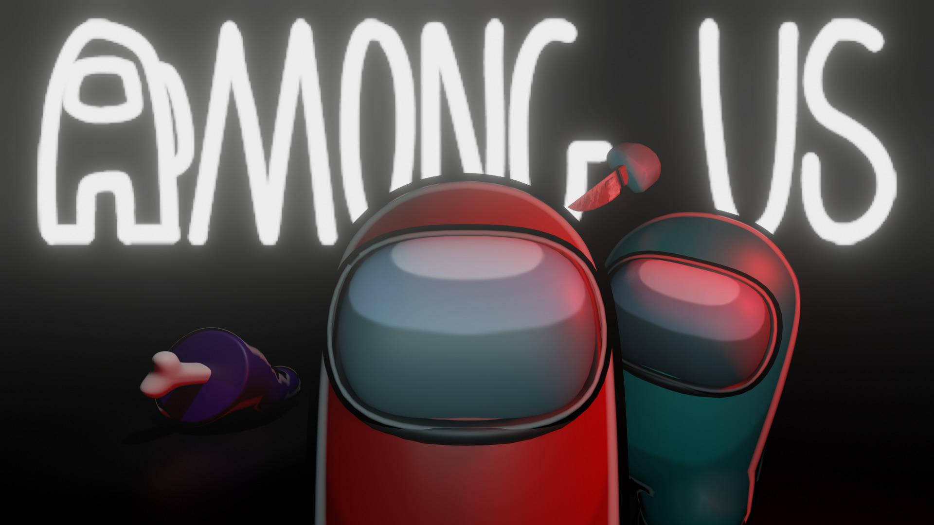 Among Us, red suits, teal suits, Full HD Desktop Wallpaper