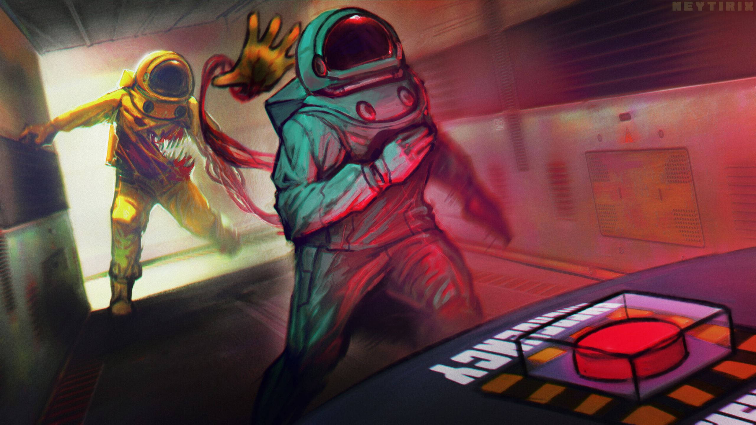 Among Us, teal suit, yellow figure, 2K Desktop Wallpaper