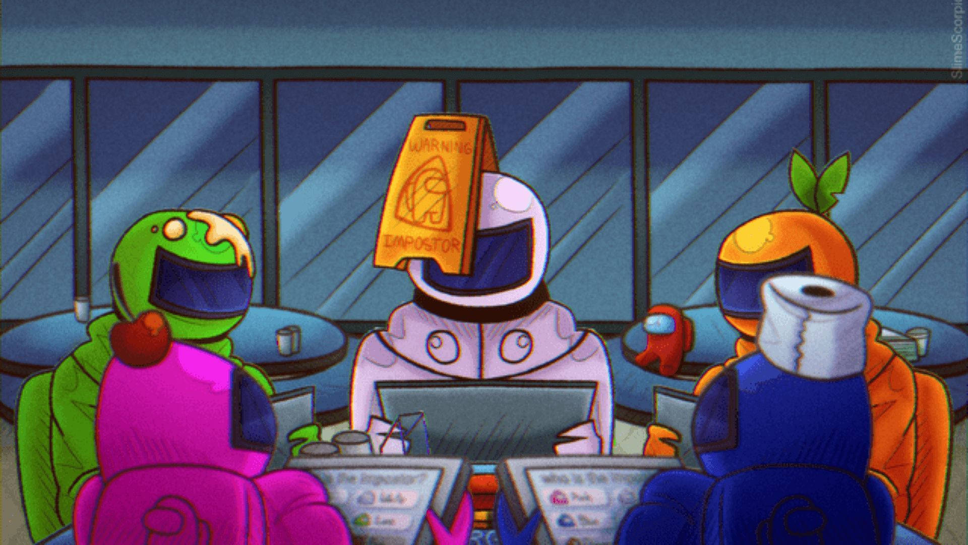 Among US Game Characters, colorful cartoon crewmates, spaceship, Full HD Desktop Wallpaper