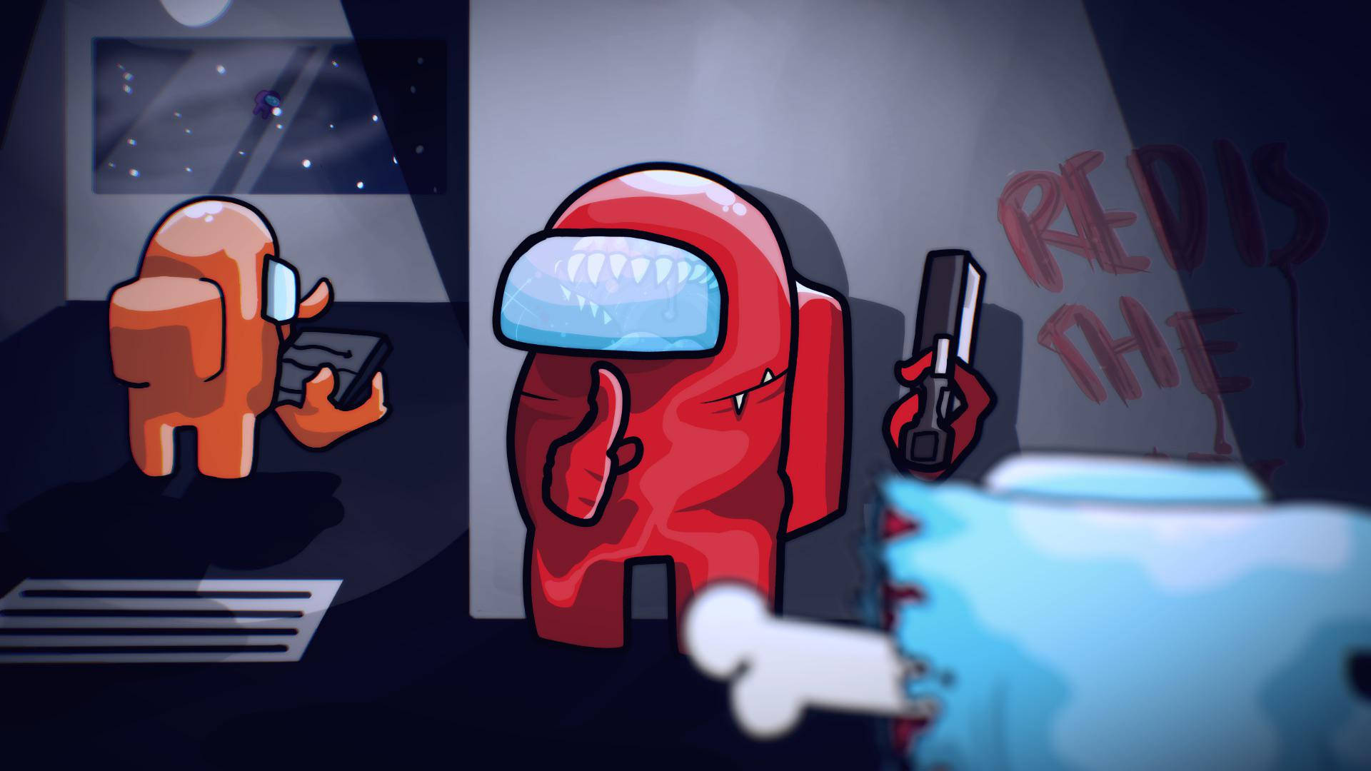 Among Us Imposter, red crewmate, orange crewmate, Full HD Desktop Wallpaper