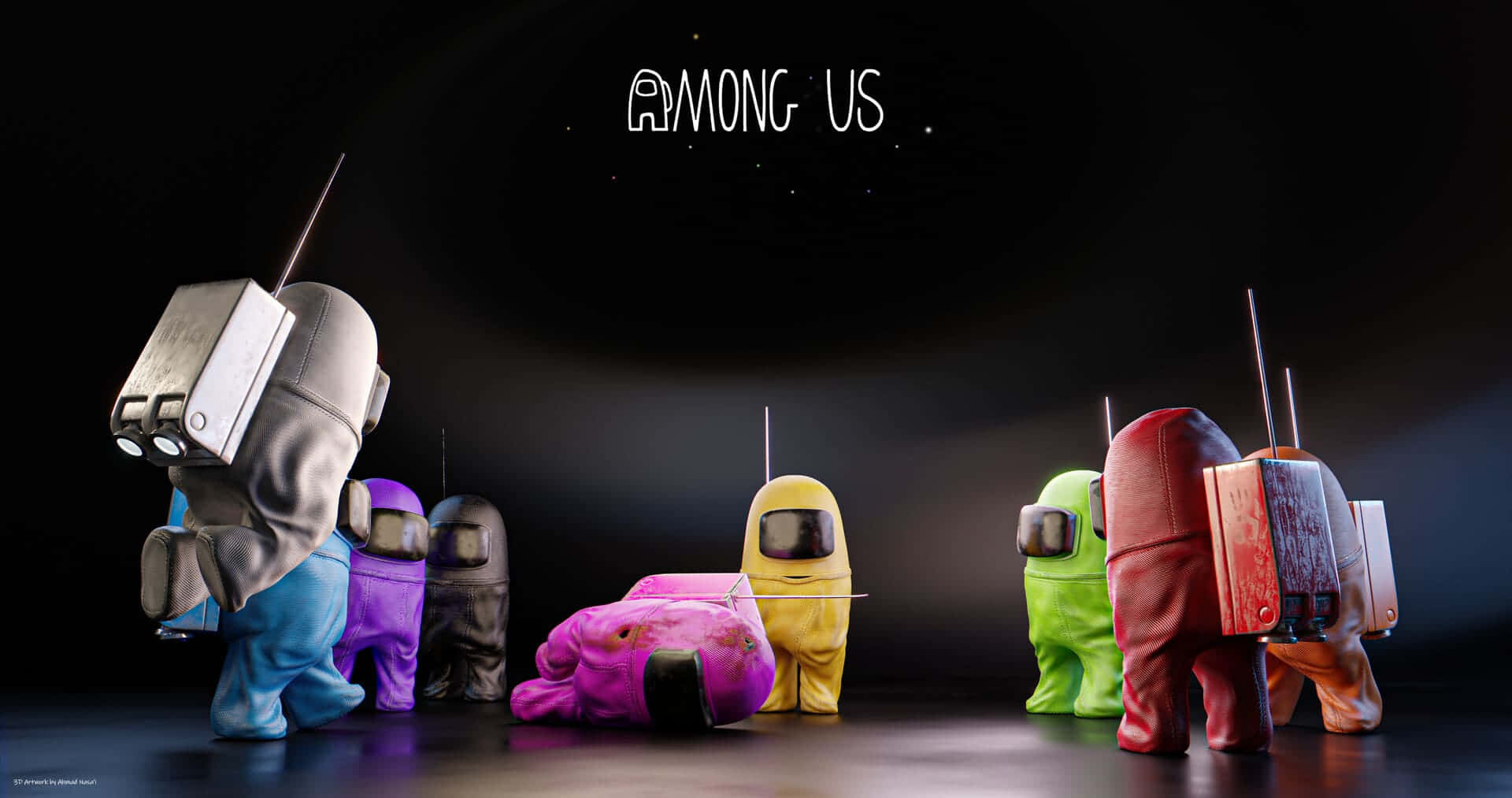 Among Us, pink character, dark room, Full HD Desktop Wallpaper