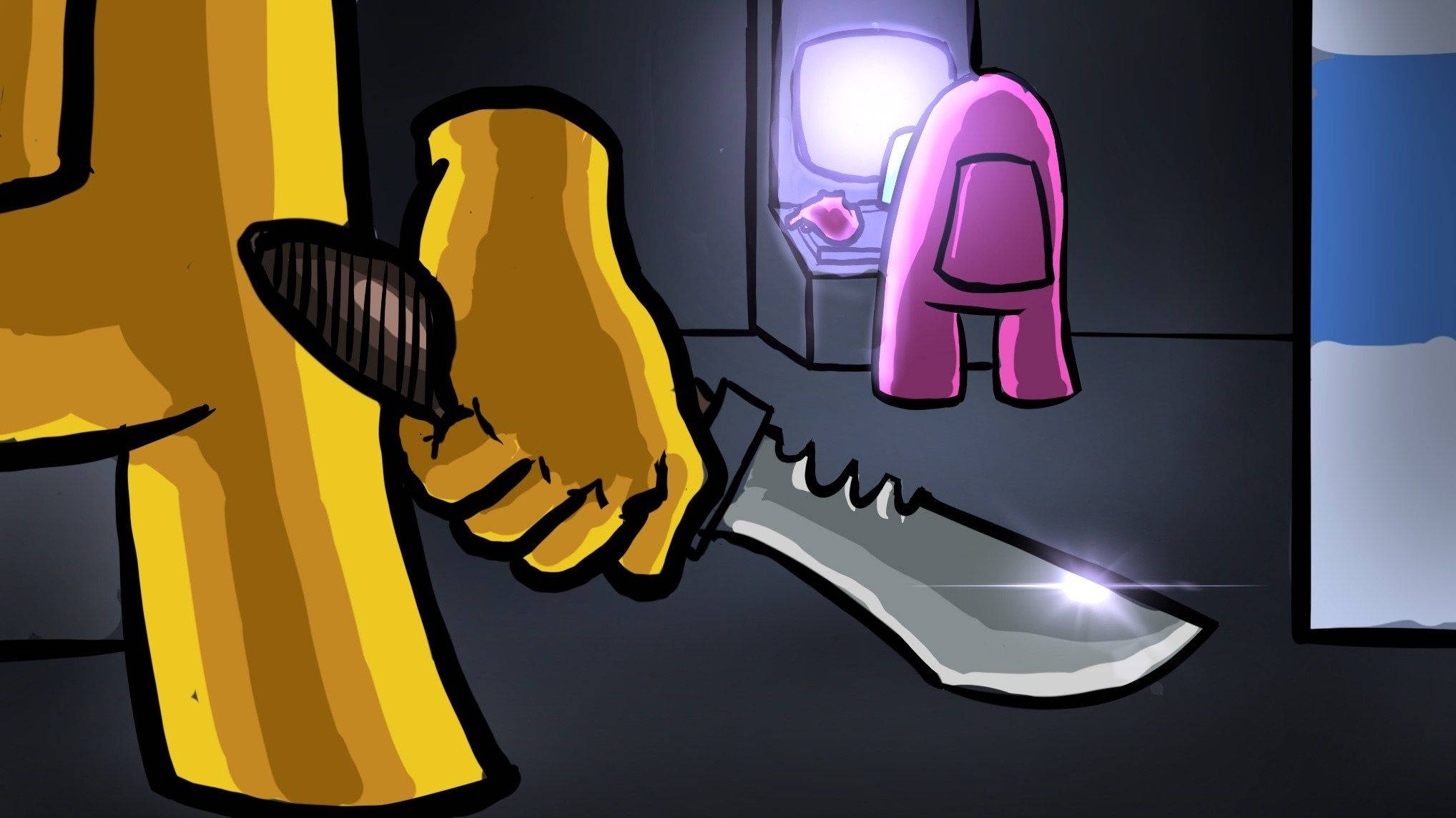 Among Us Impostor, pink Among Us character, gleaming knife, Full HD Desktop Wallpaper