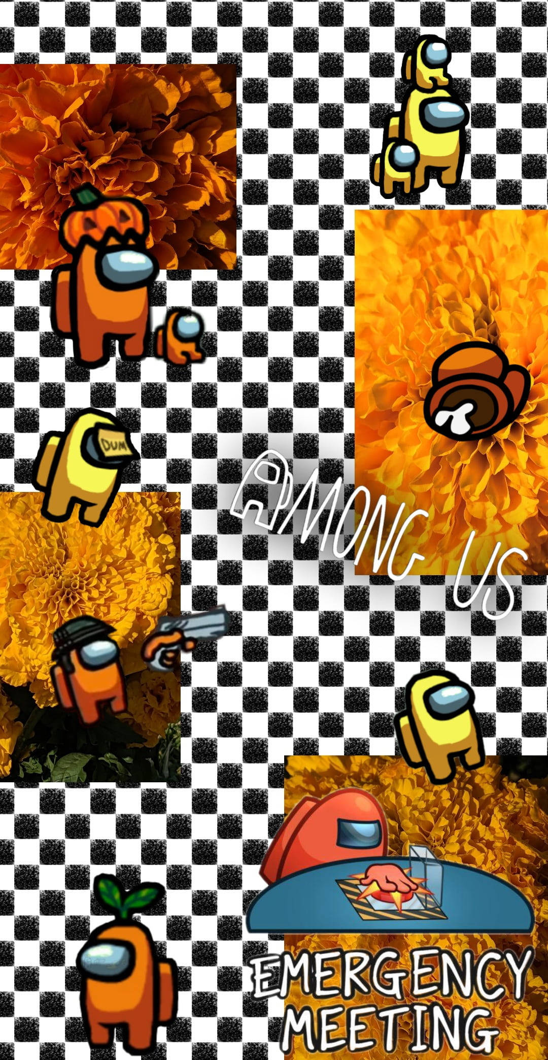 Among Us, orange marigolds, black-and-white checkered background, Full HD Phone Wallpaper