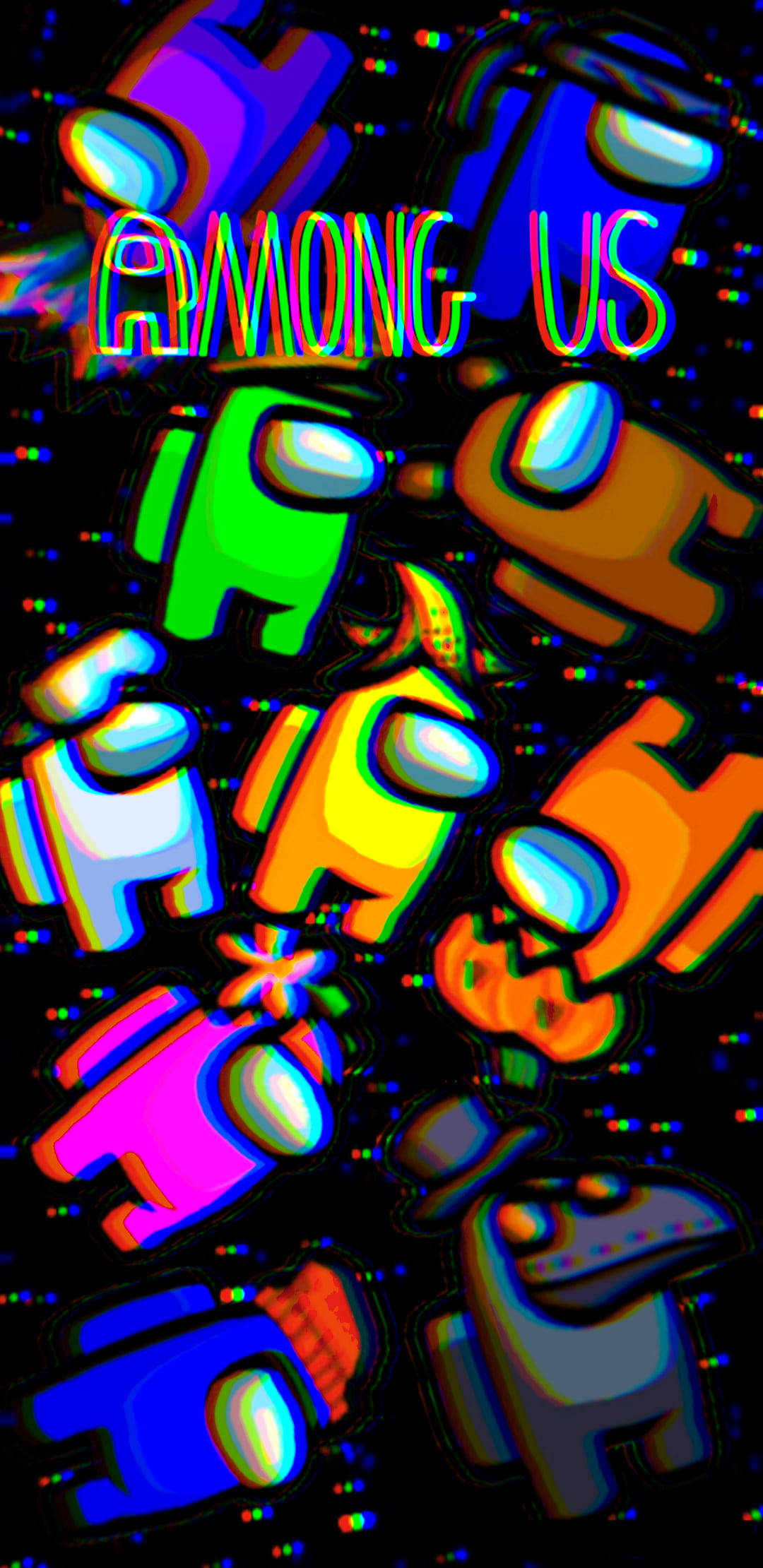 Among Us, neon-colored, glowing pixelated effects, Full HD Phone Wallpaper