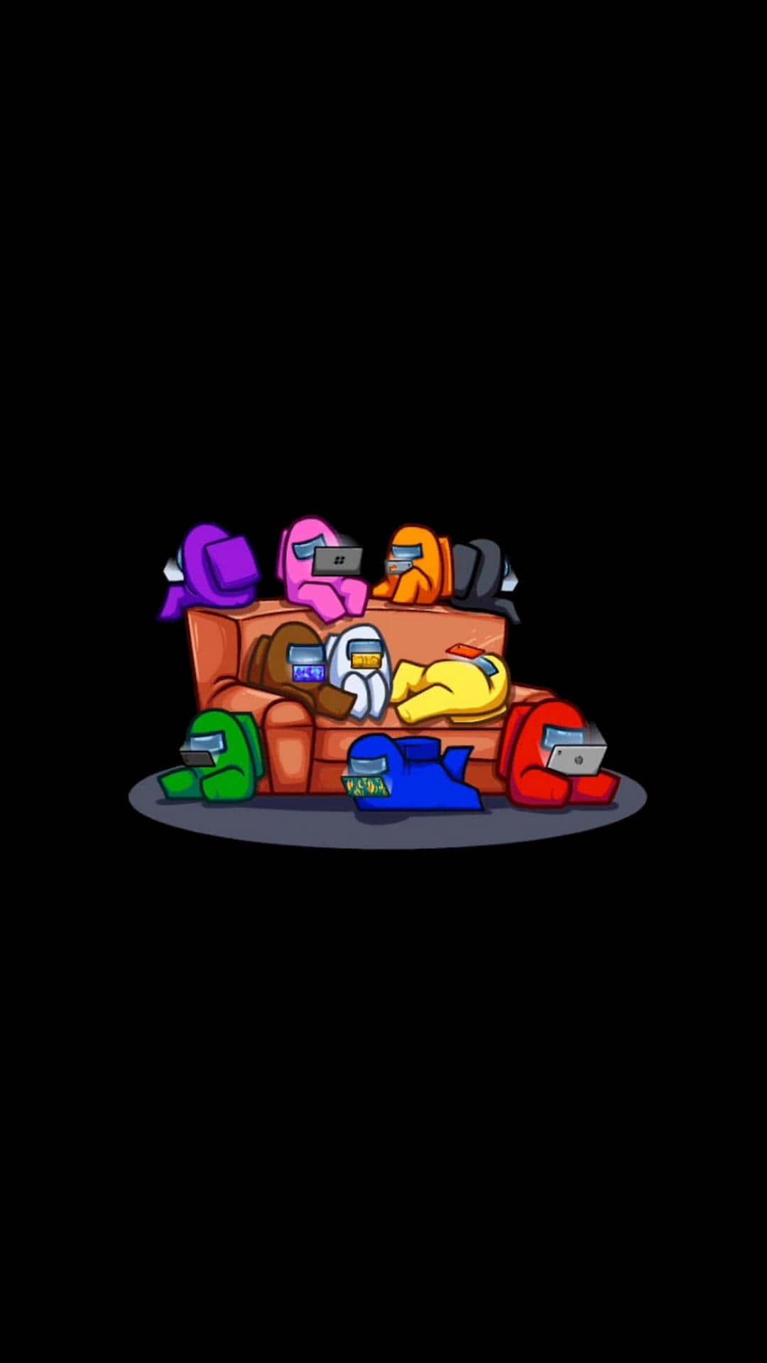 Among Us, colorful Among Us characters, brown couch, Full HD Phone Wallpaper