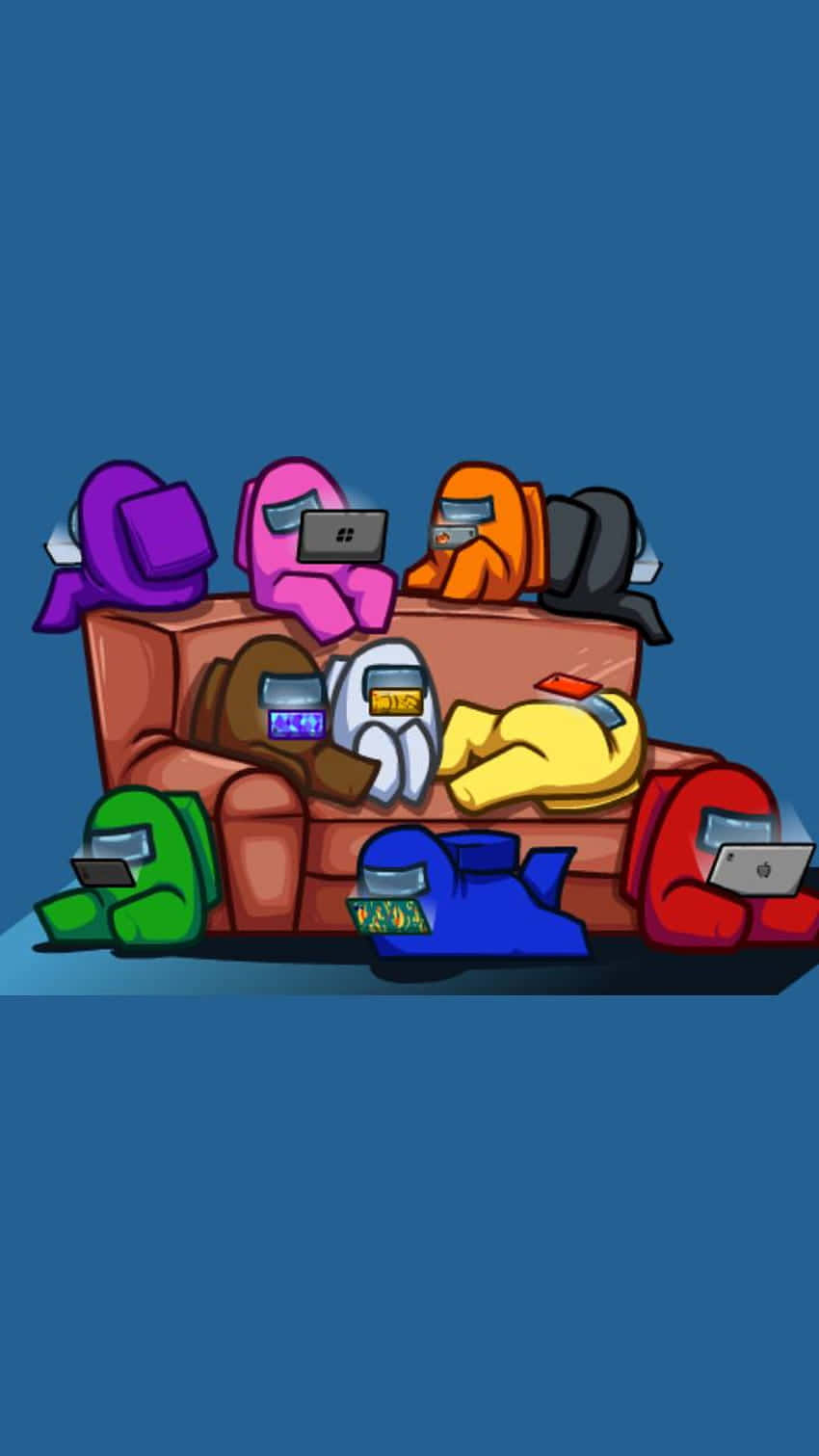 Among Us, colorful Among Us characters, brown couch, HD Phone Wallpaper
