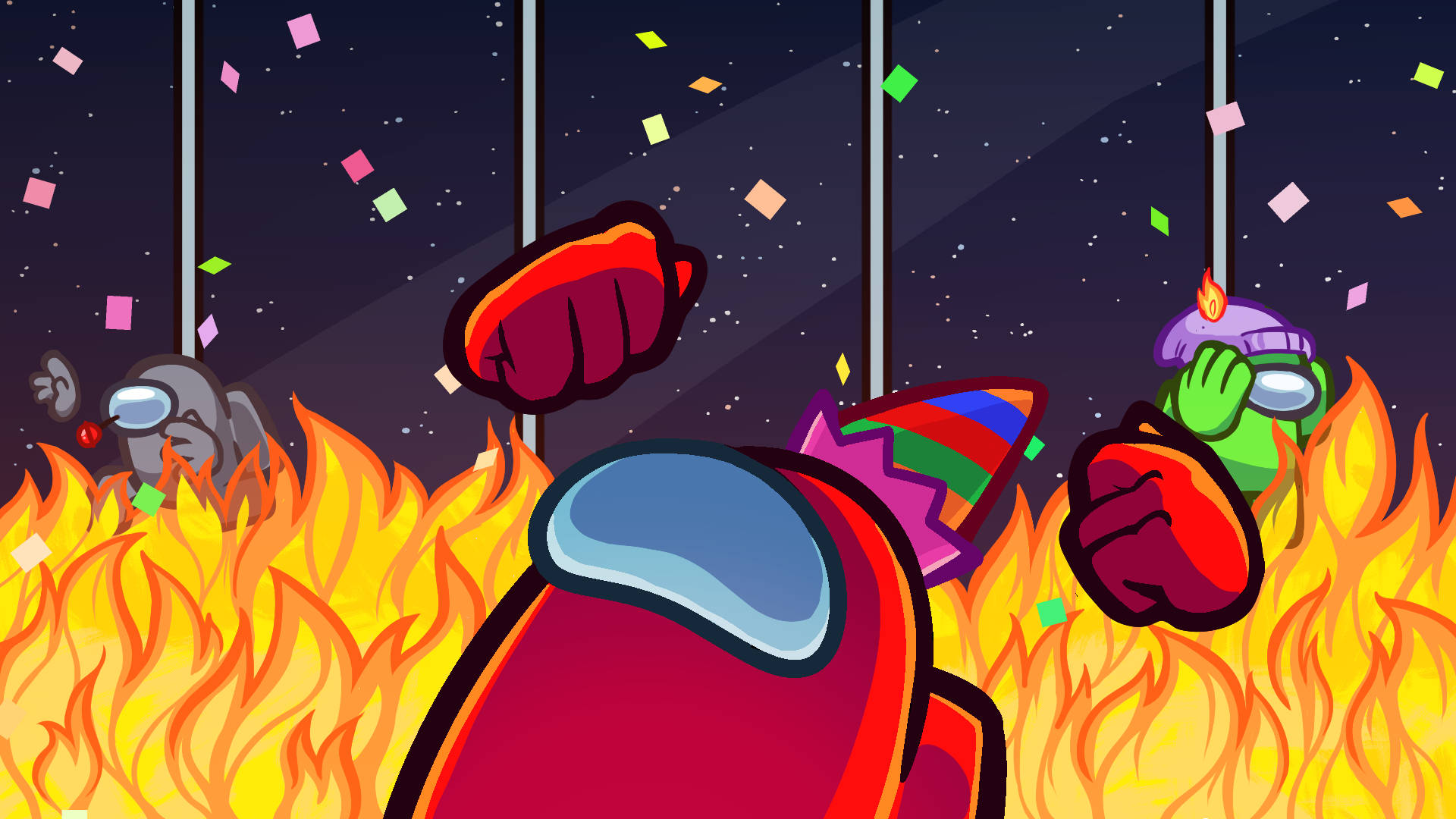 Among Us, fire, confetti, Full HD Desktop Wallpaper