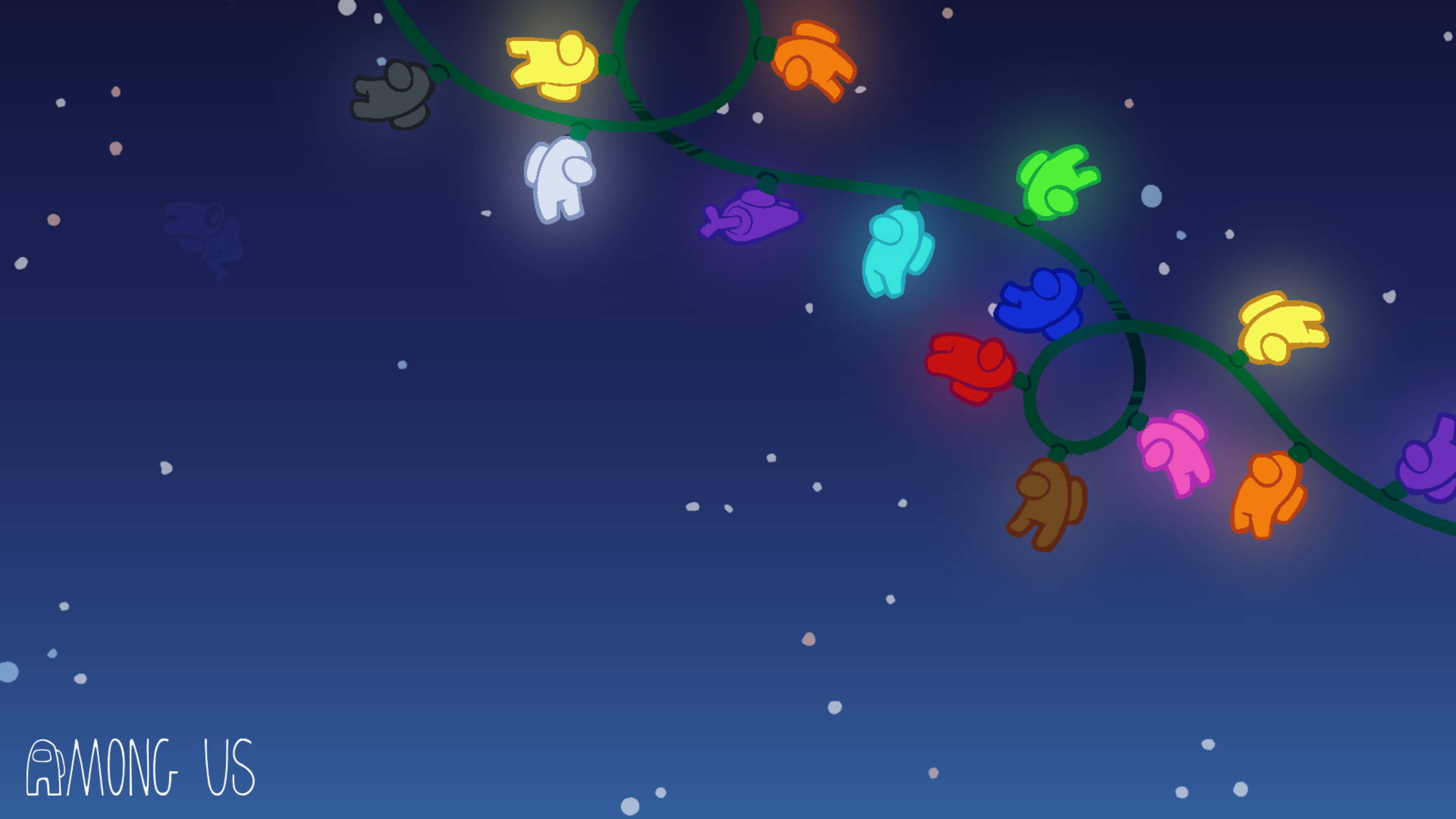 Among Us, Holiday Lights, colorful crewmate figures, 5K Desktop Wallpaper