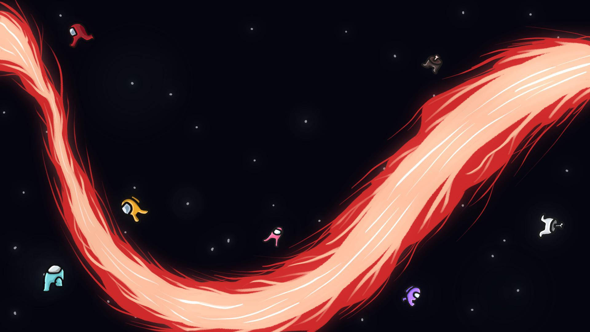 Among US, colorful cartoon astronauts, glowing red cosmic ribbon, Full HD Desktop Wallpaper