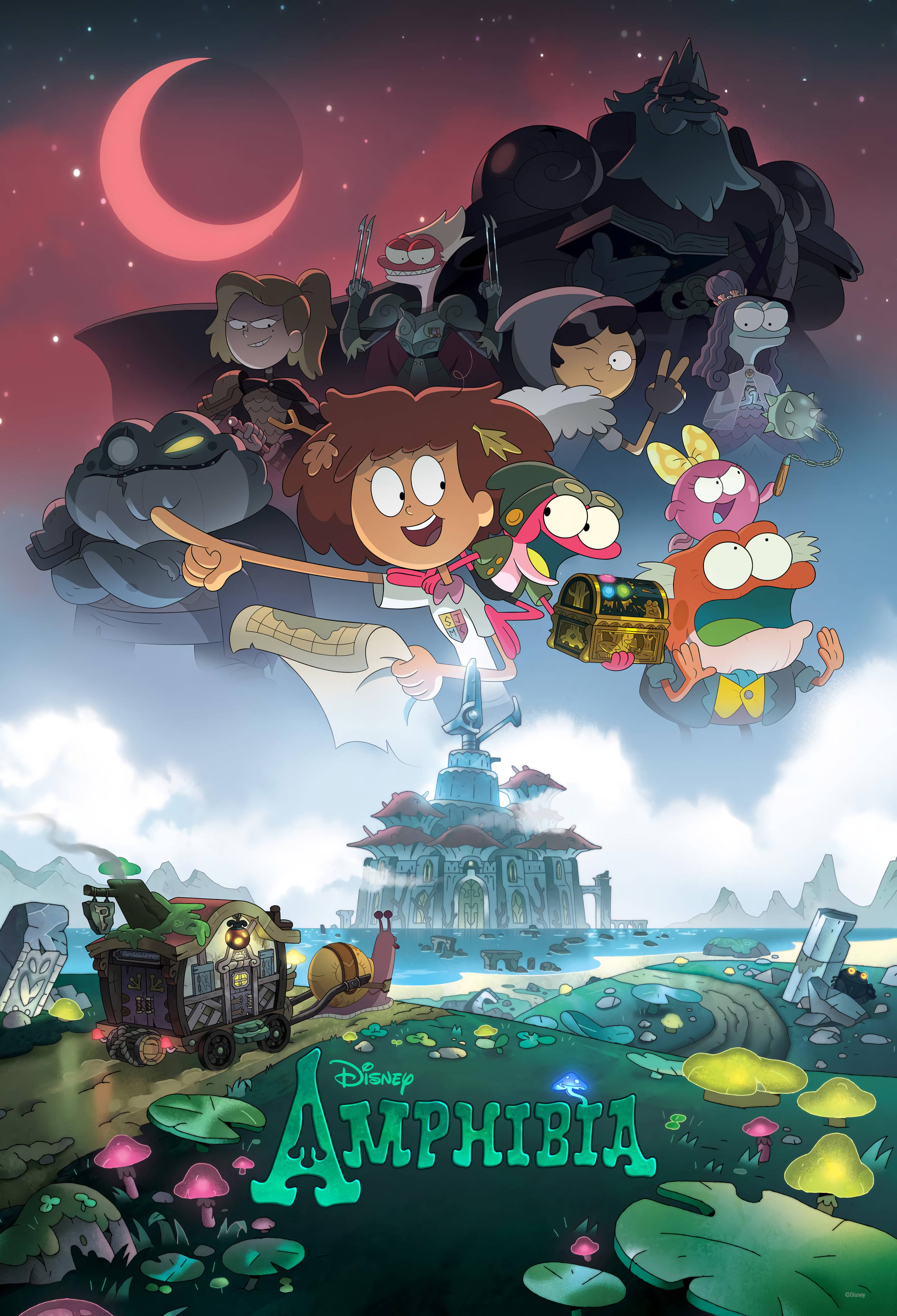 Amphibia, whimsical swamp landscape, crescent moon, 4K Phone Wallpaper