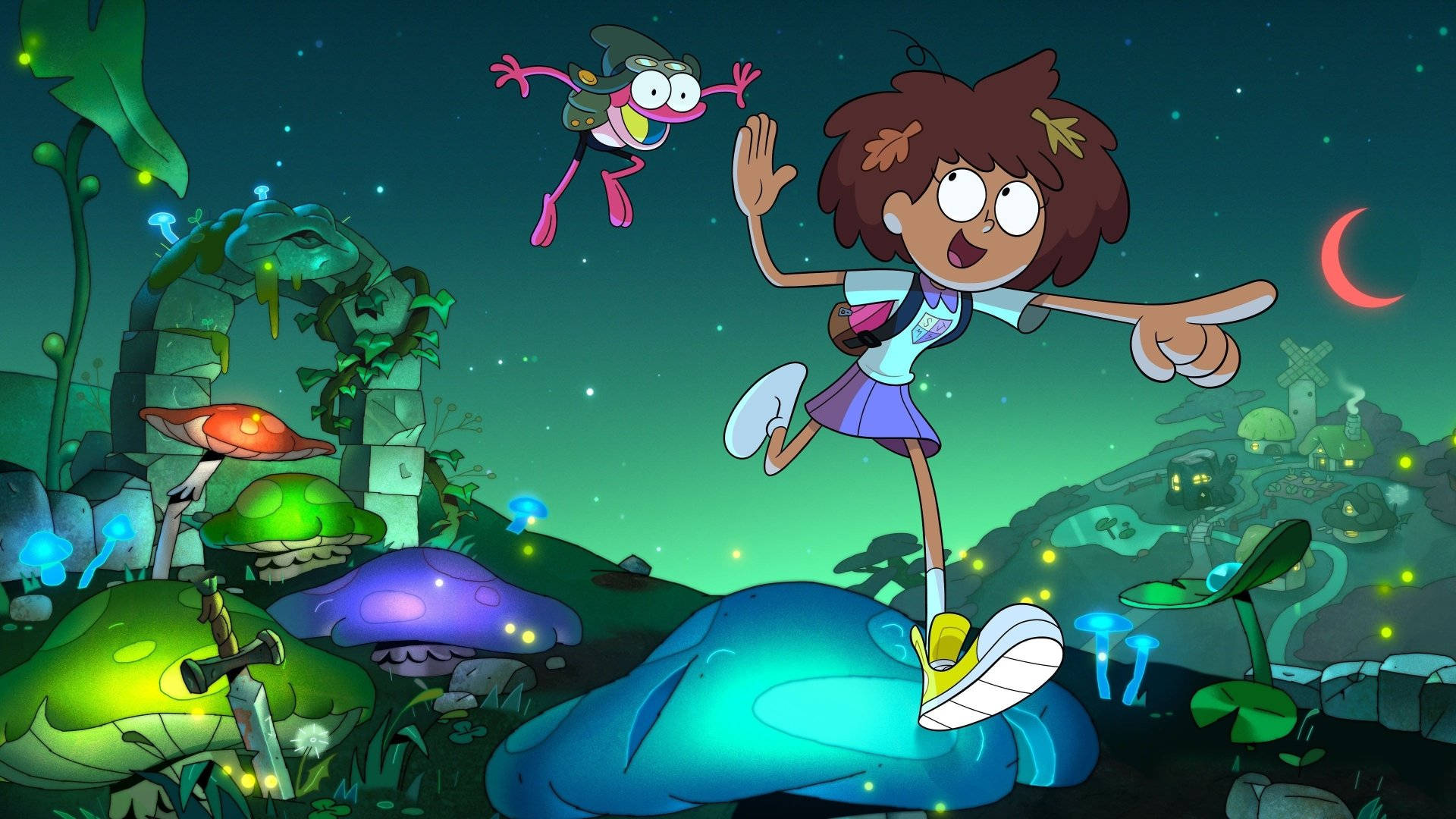 Amphibia, whimsical nighttime forest, glowing mushroom, Full HD Desktop Wallpaper