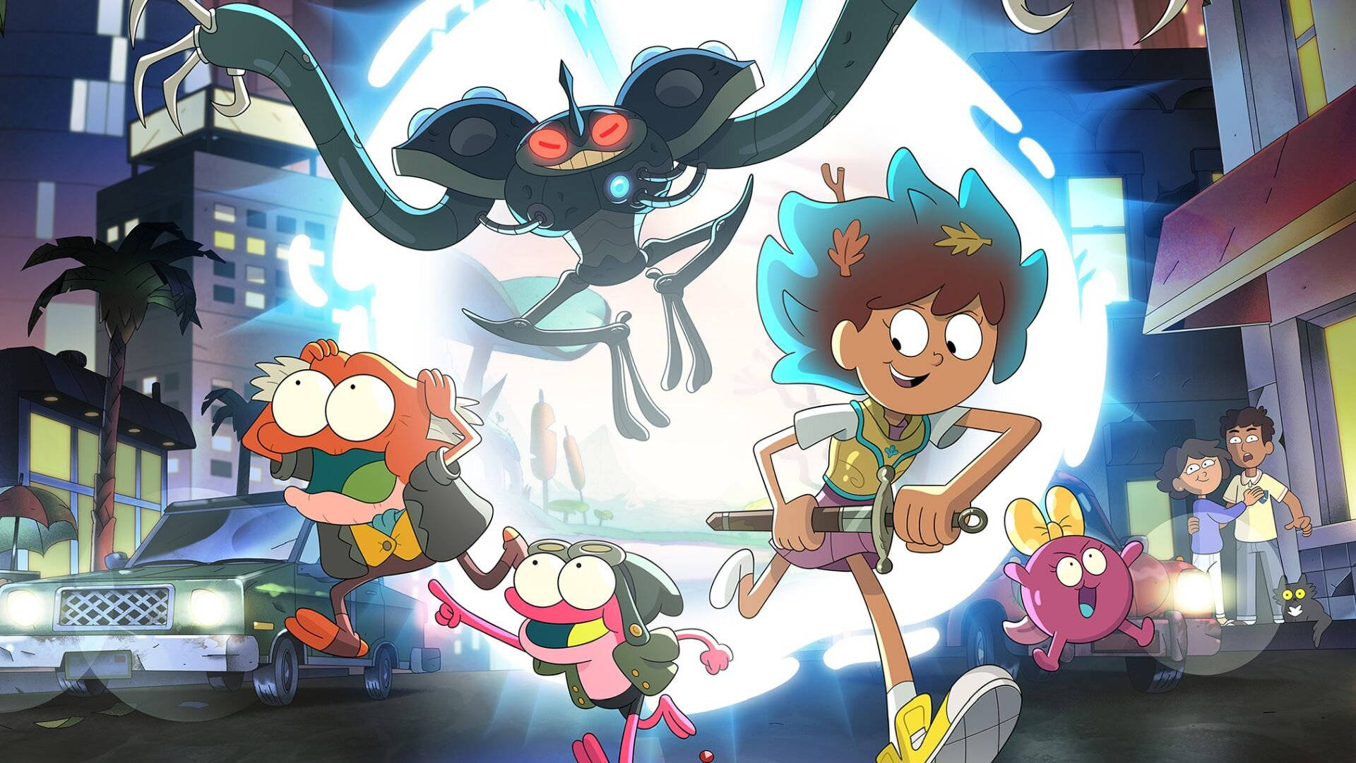 Amphibia, portal, neon-lit city street, Full HD Desktop Wallpaper