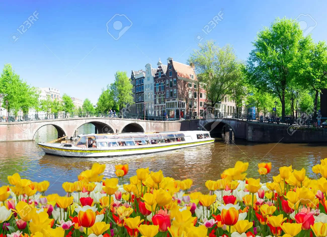 Amsterdam, spring, canal boat, HD Desktop Wallpaper