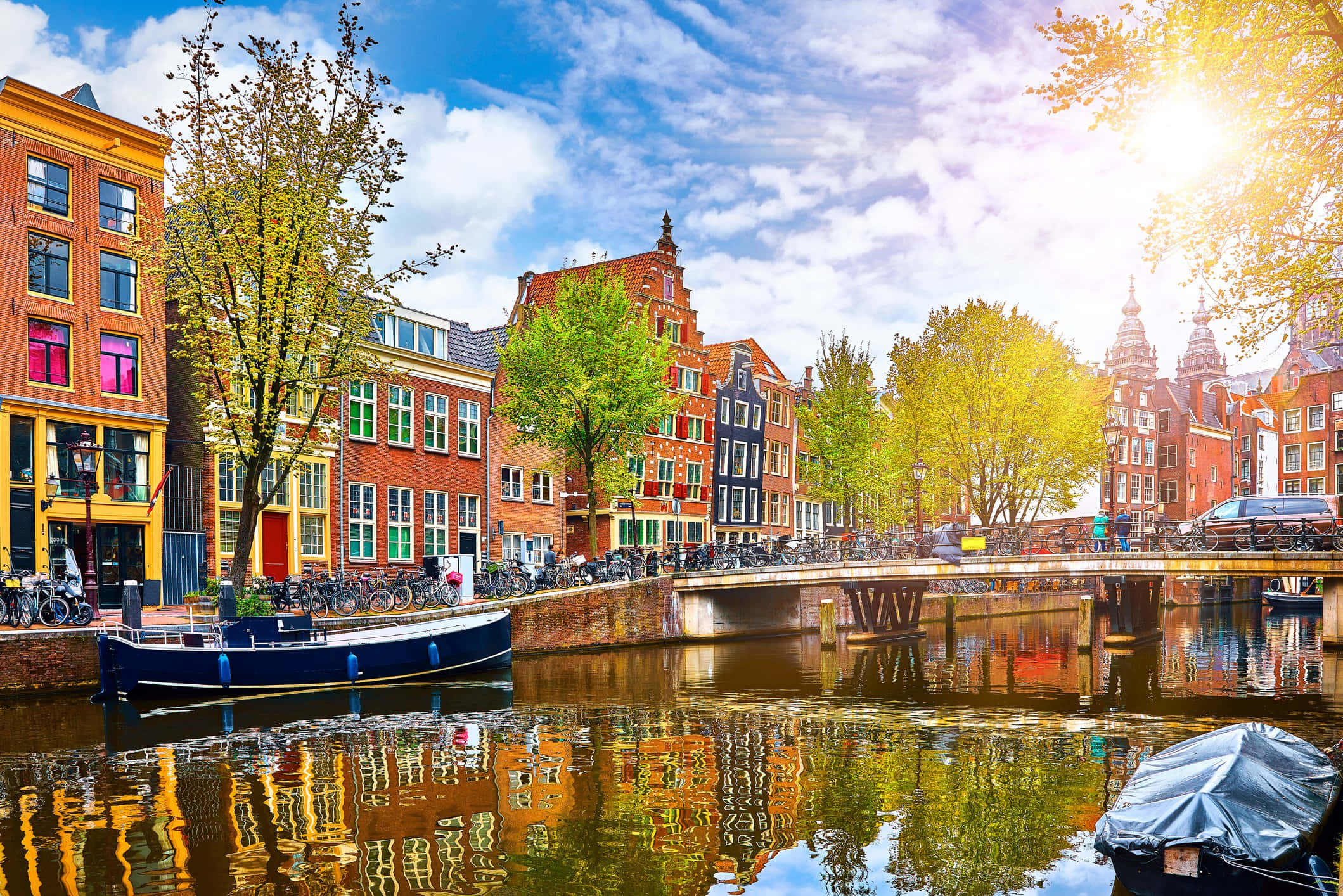Amsterdam, canal, boats, Full HD Desktop Wallpaper