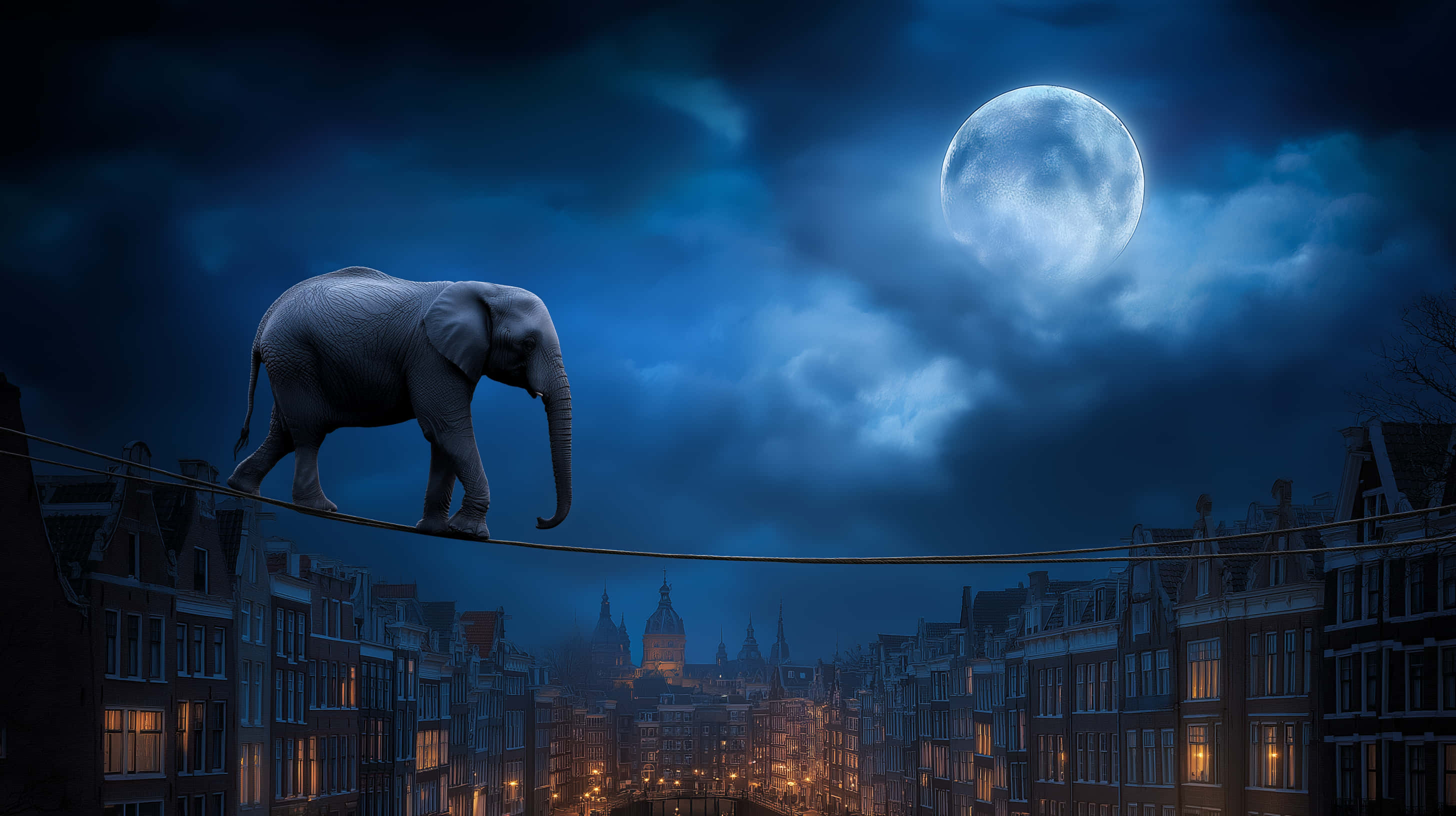 elephant, tightrope, full moon, 2K Desktop Wallpaper