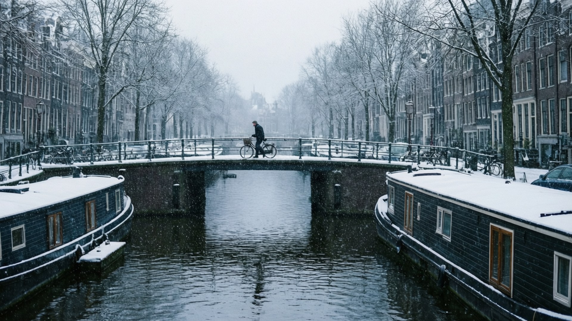 Amsterdam, canal, snow, Full HD Desktop Wallpaper