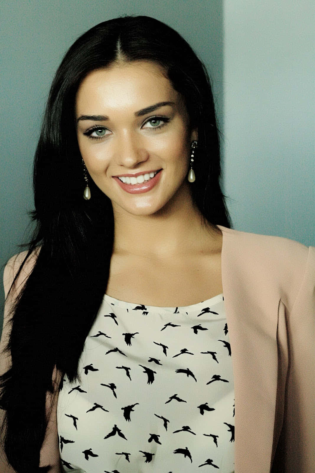 Amy Jackson, long dark hair, bird-patterned top, HD Phone Wallpaper