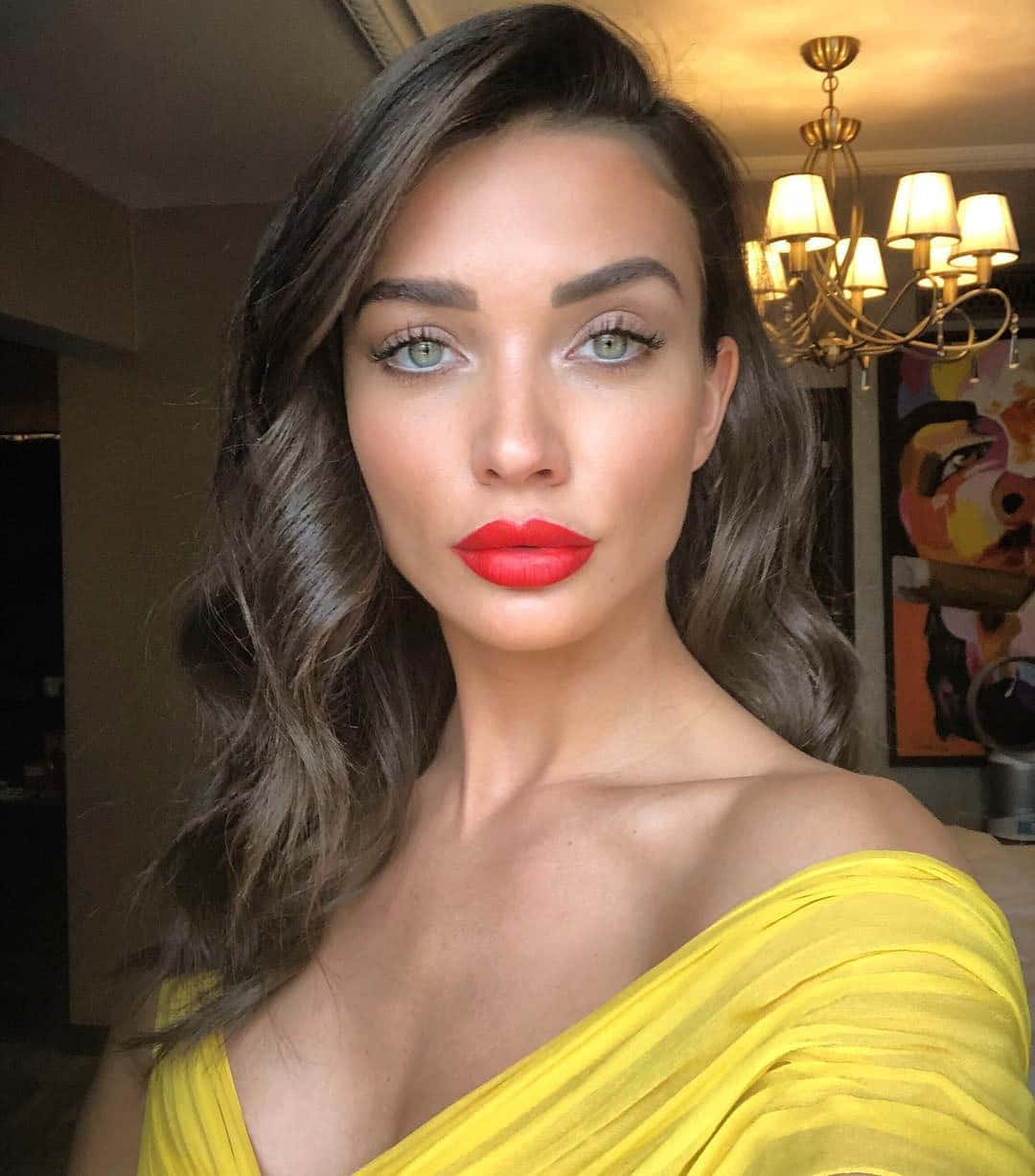 Amy Jackson, wavy brown hair, bold red lips, SD Phone Wallpaper