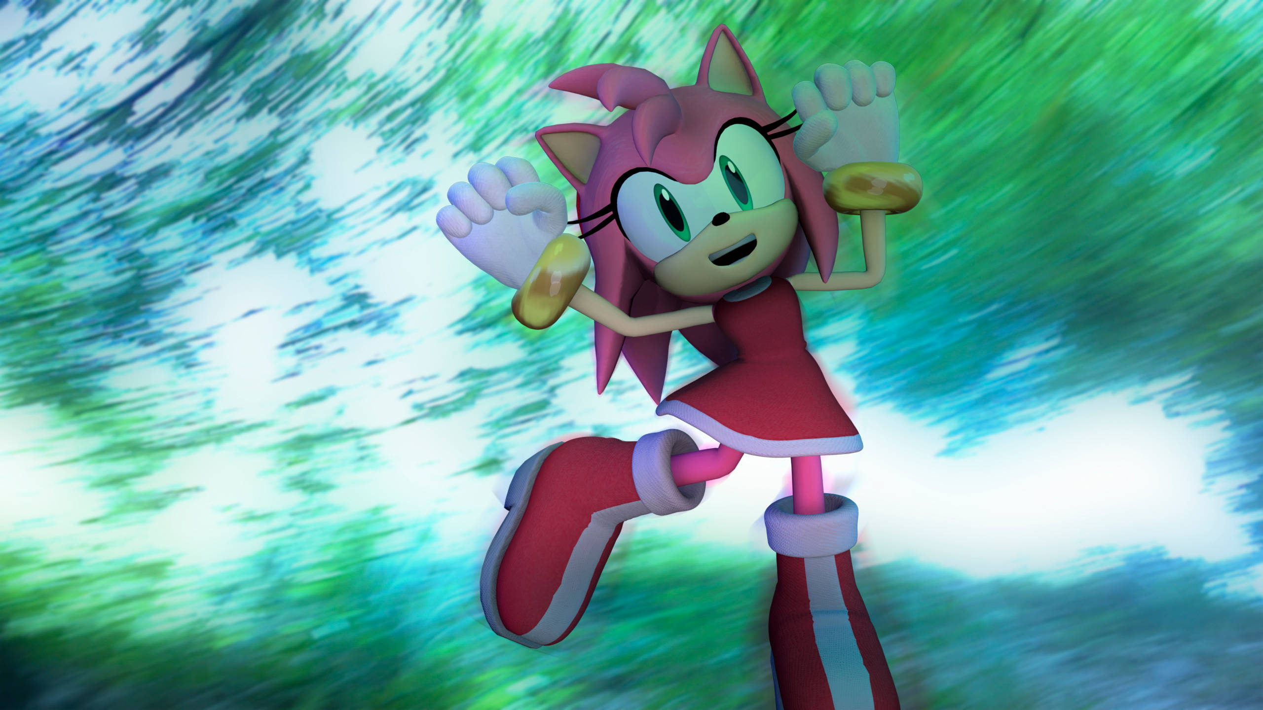 Amy Rose, green aesthetic, streaked green and blue motion blur background, 2K Desktop Wallpaper