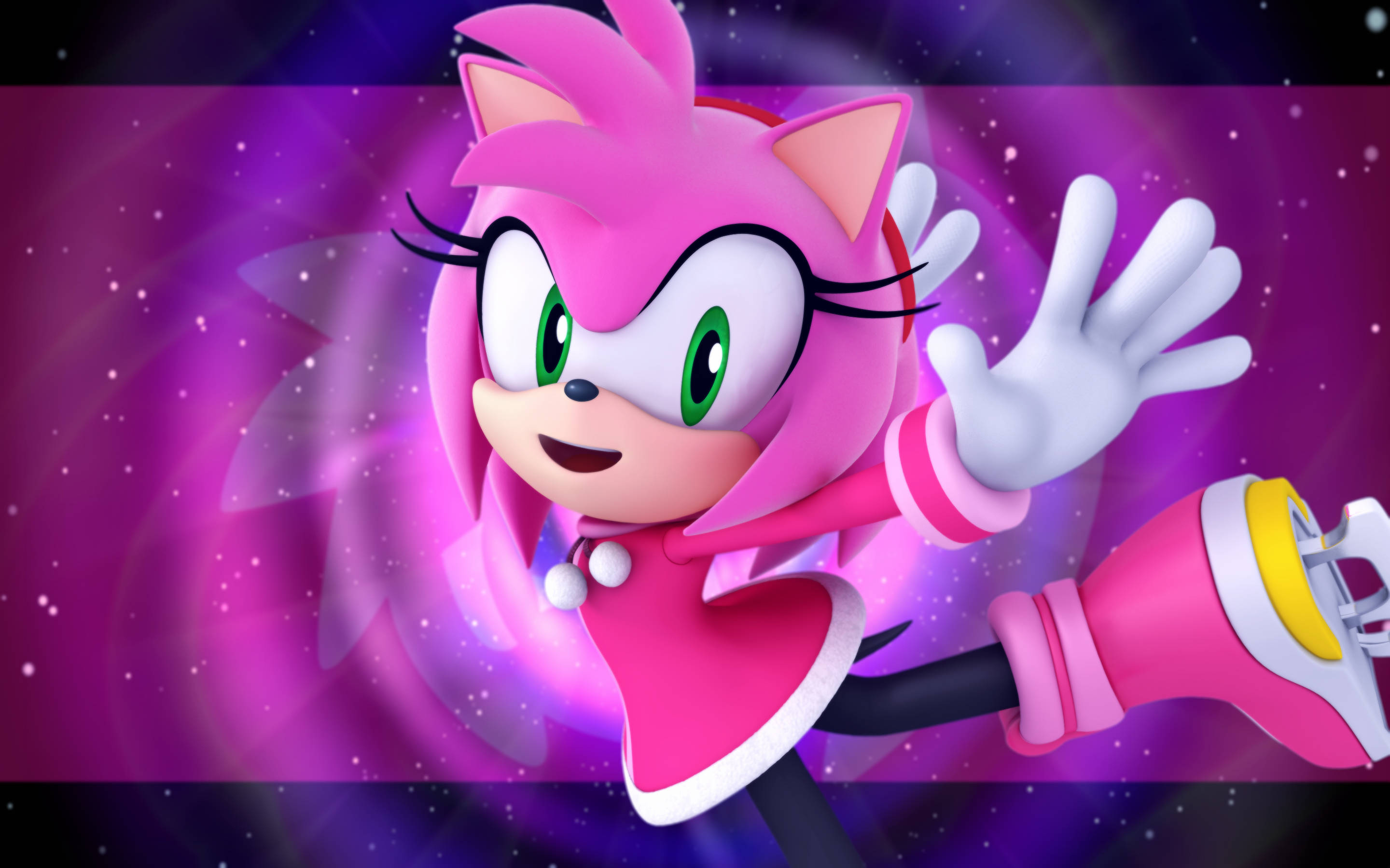 Amy Rose, cosmic purple background, stars, 2K Desktop Wallpaper