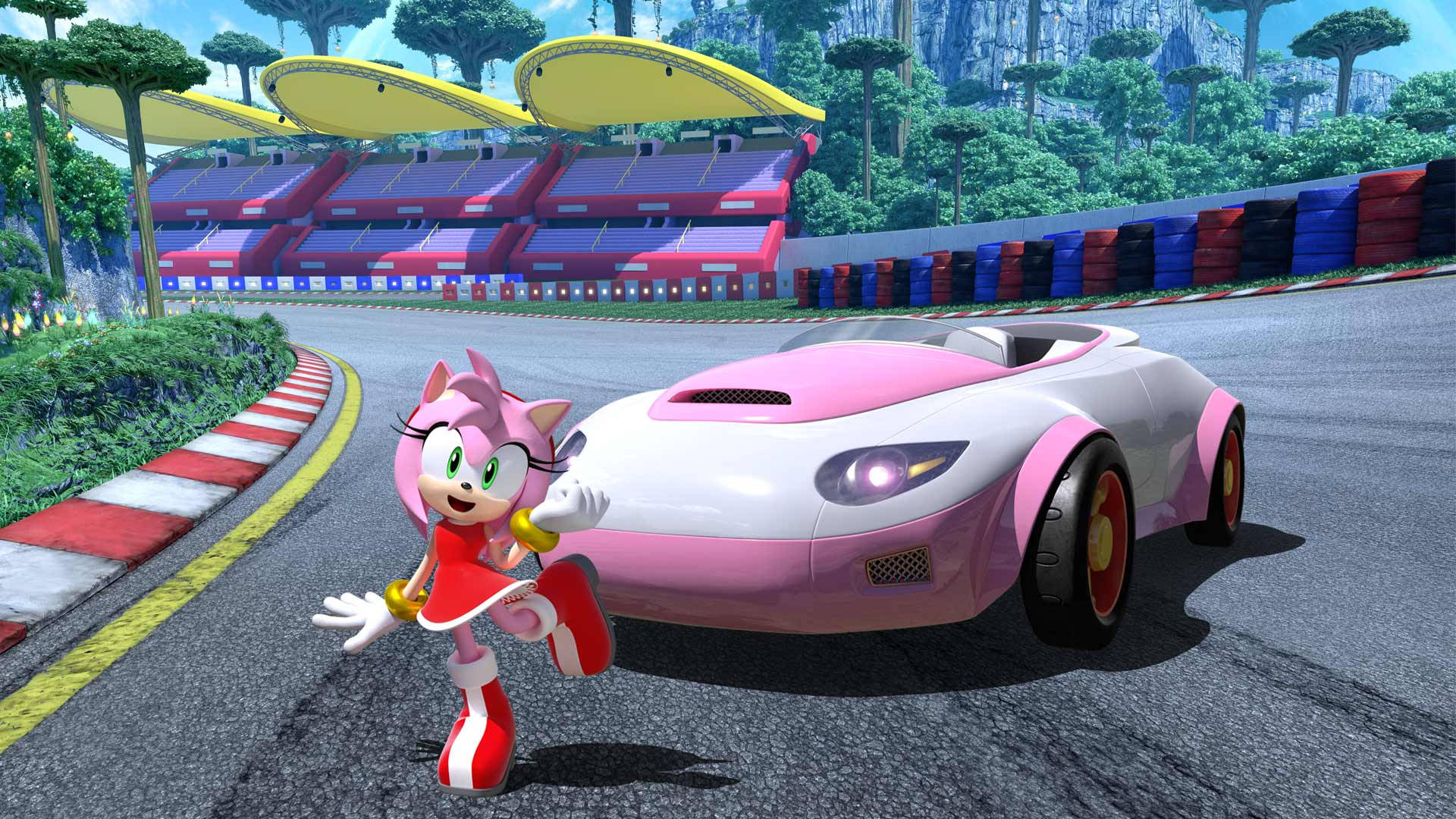 Amy Rose, pink cabriolet, red dress, Full HD Desktop Wallpaper