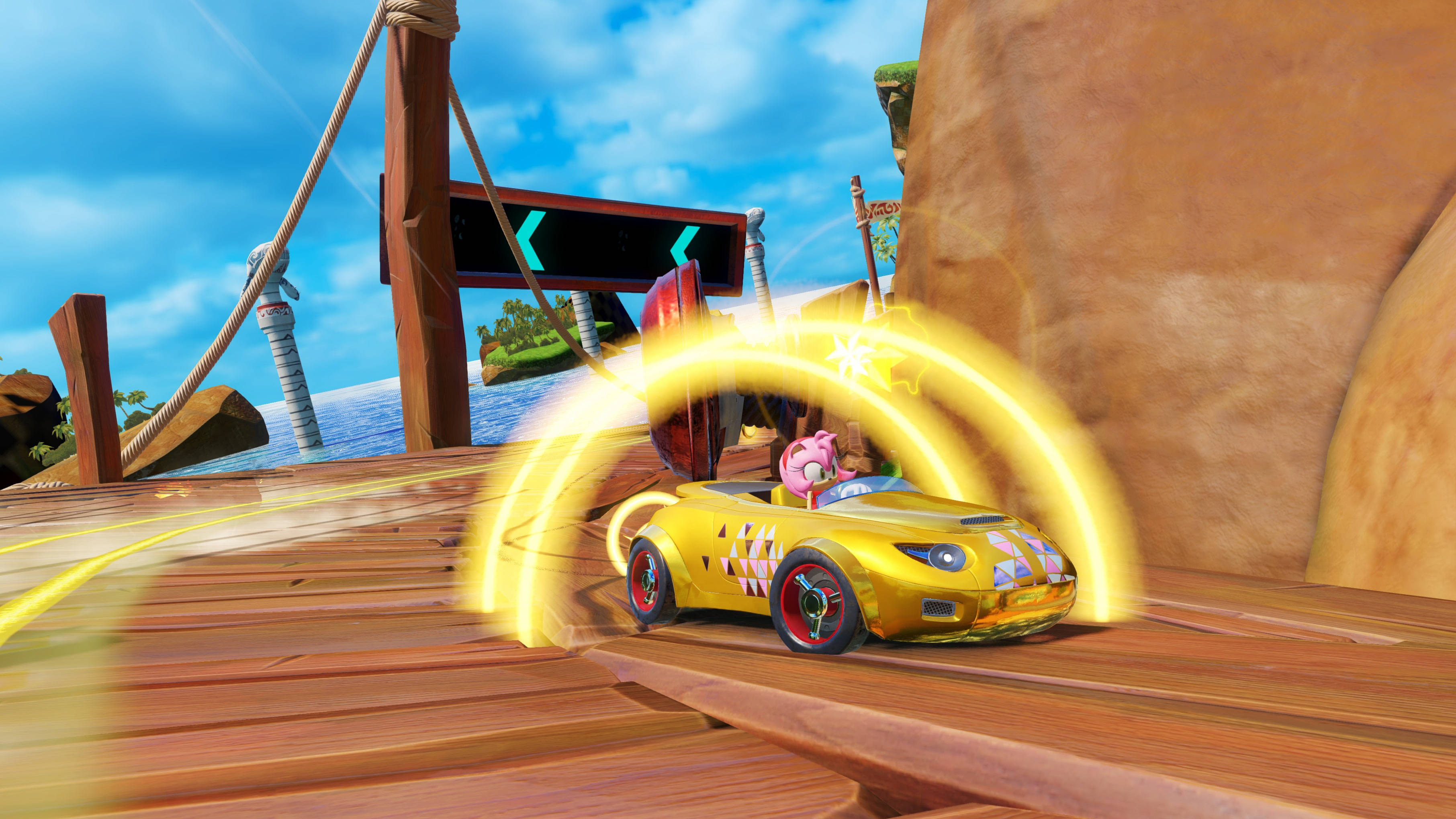 Amy Rose, yellow cabriolet, glowing yellow race car, 2K Desktop Wallpaper